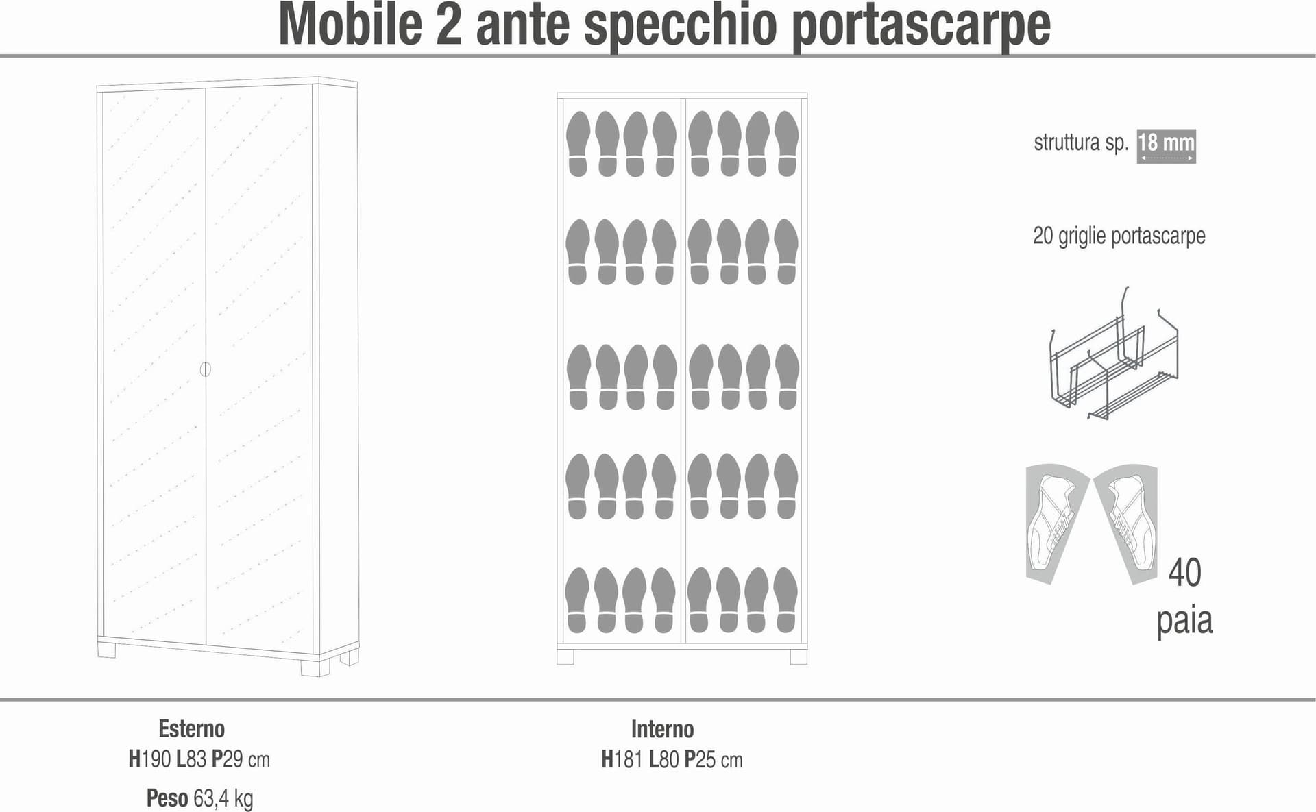 Mobile portascarpe a 2 ante specchiate con 10 griglie – 83 x 29 x 190 cm - 7