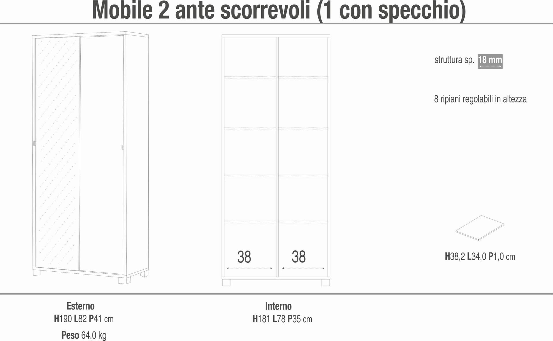 Armadio a due ante scorrevoli con specchio e ripiani regolabili - 190 x 82 x 41 cm - 6