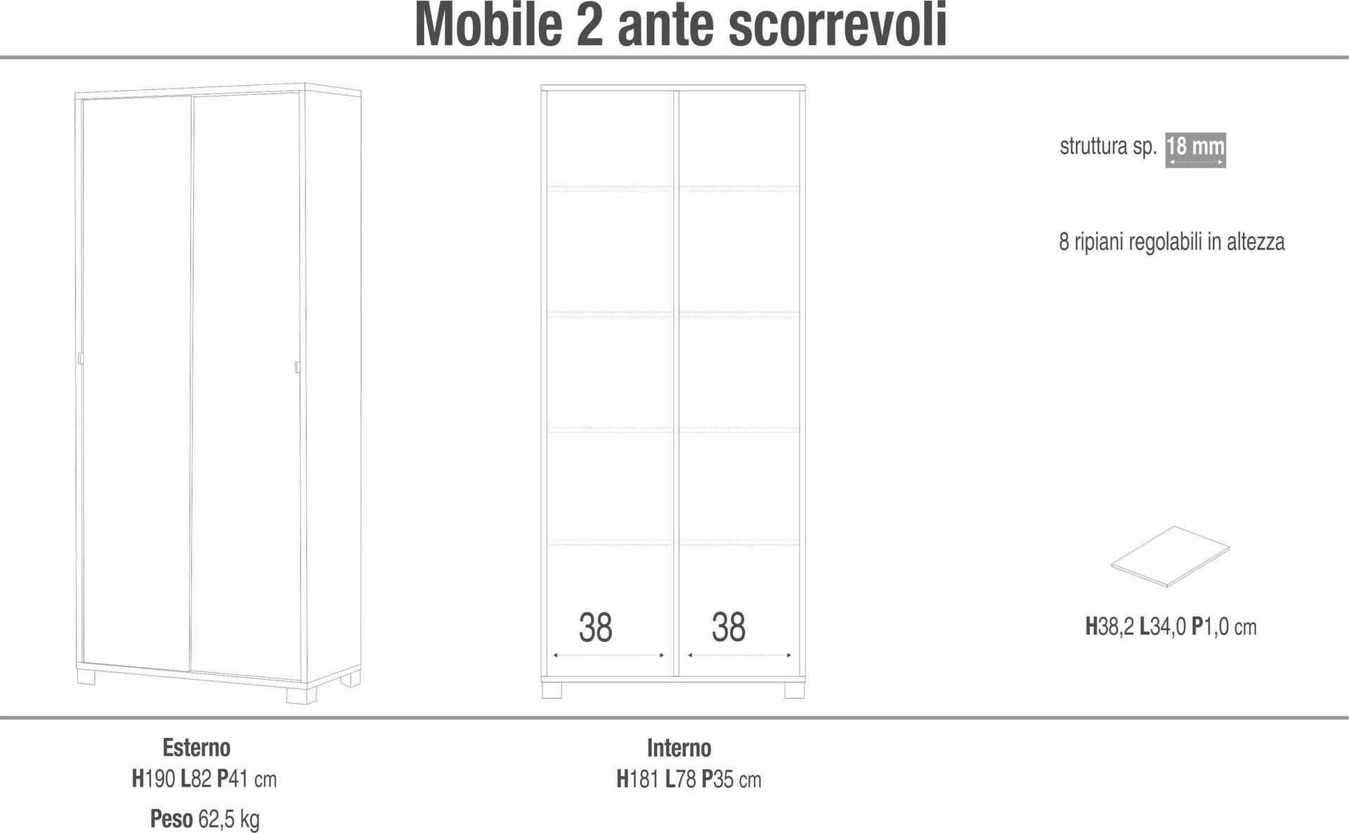 Mobile a 2 ante scorrevoli con 8 ripiani regolabili – 82 x 42 x 190 cm - 8