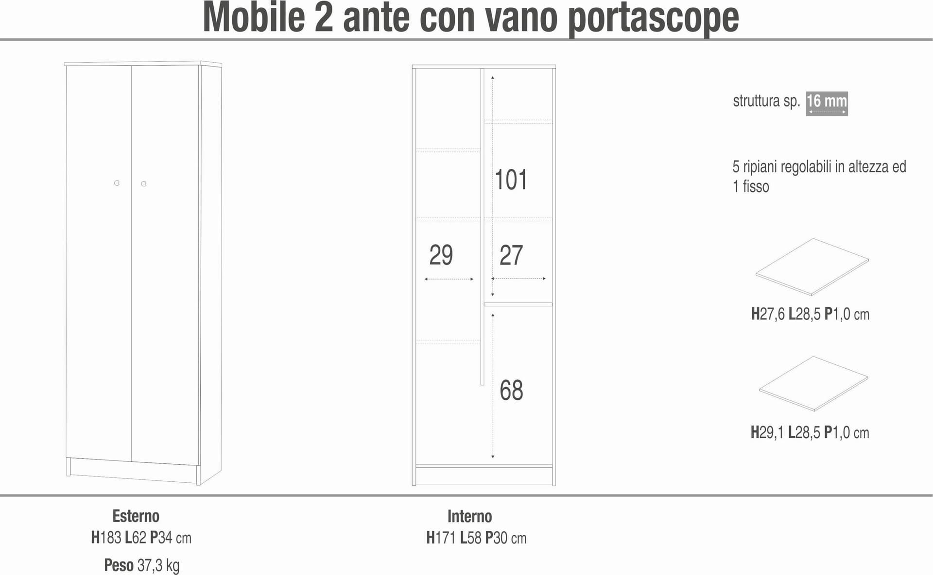 Mobile portascope a 2 ante con ripiani regolabili – 62 x 34 x 183 cm - 4