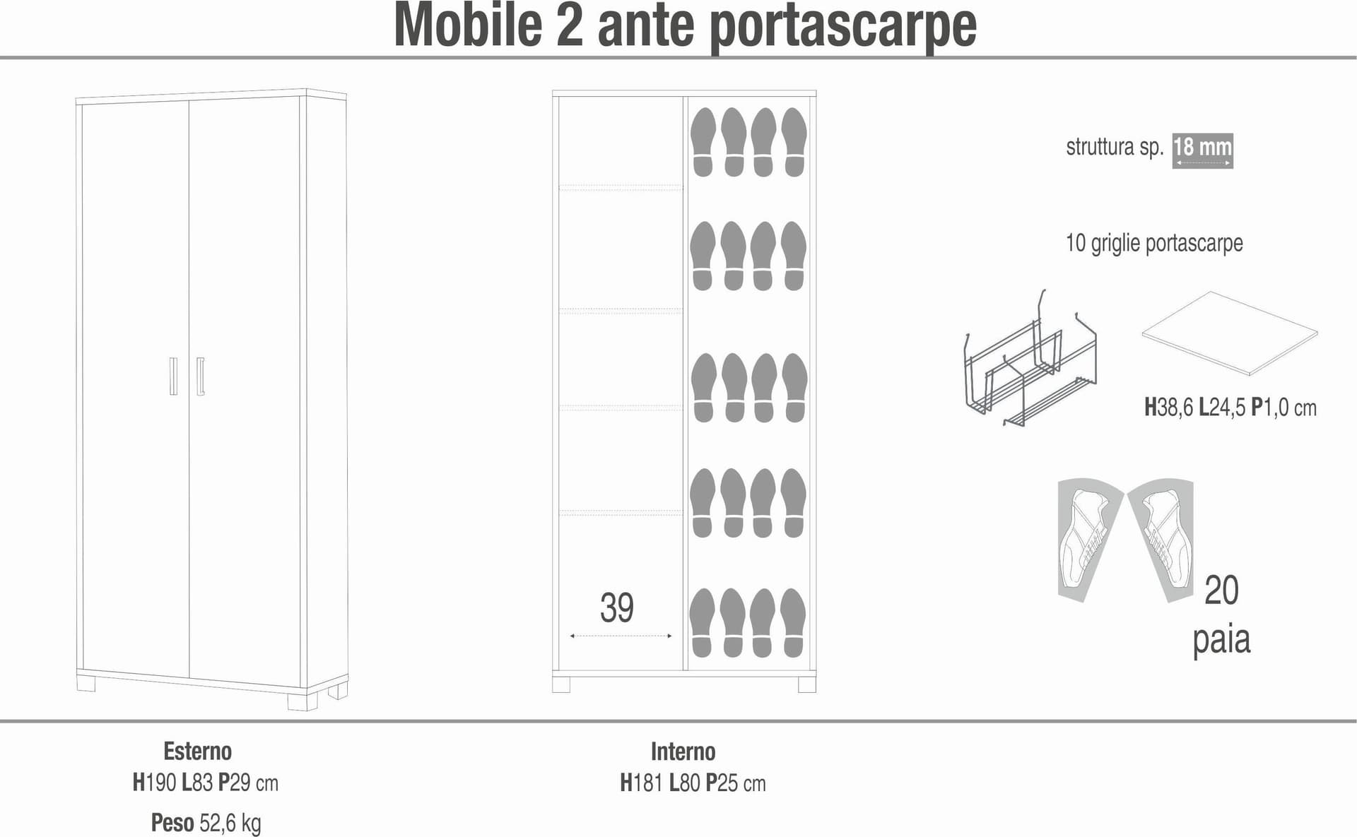 Mobile portascarpe a 2 ante con ripiani e griglie – 83 x 29 x 190 cm - 13