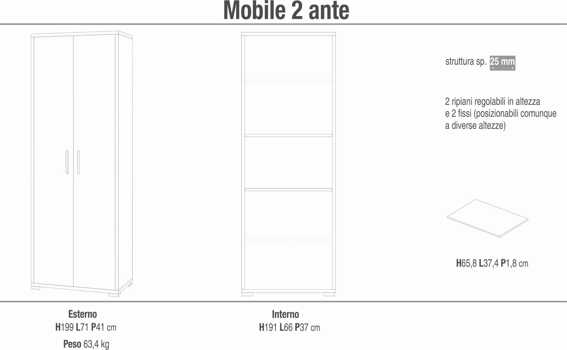 Mobile libreria a 2 ante con ripiani fissi e regolabili – 71 x 41 x 199 cm - 10