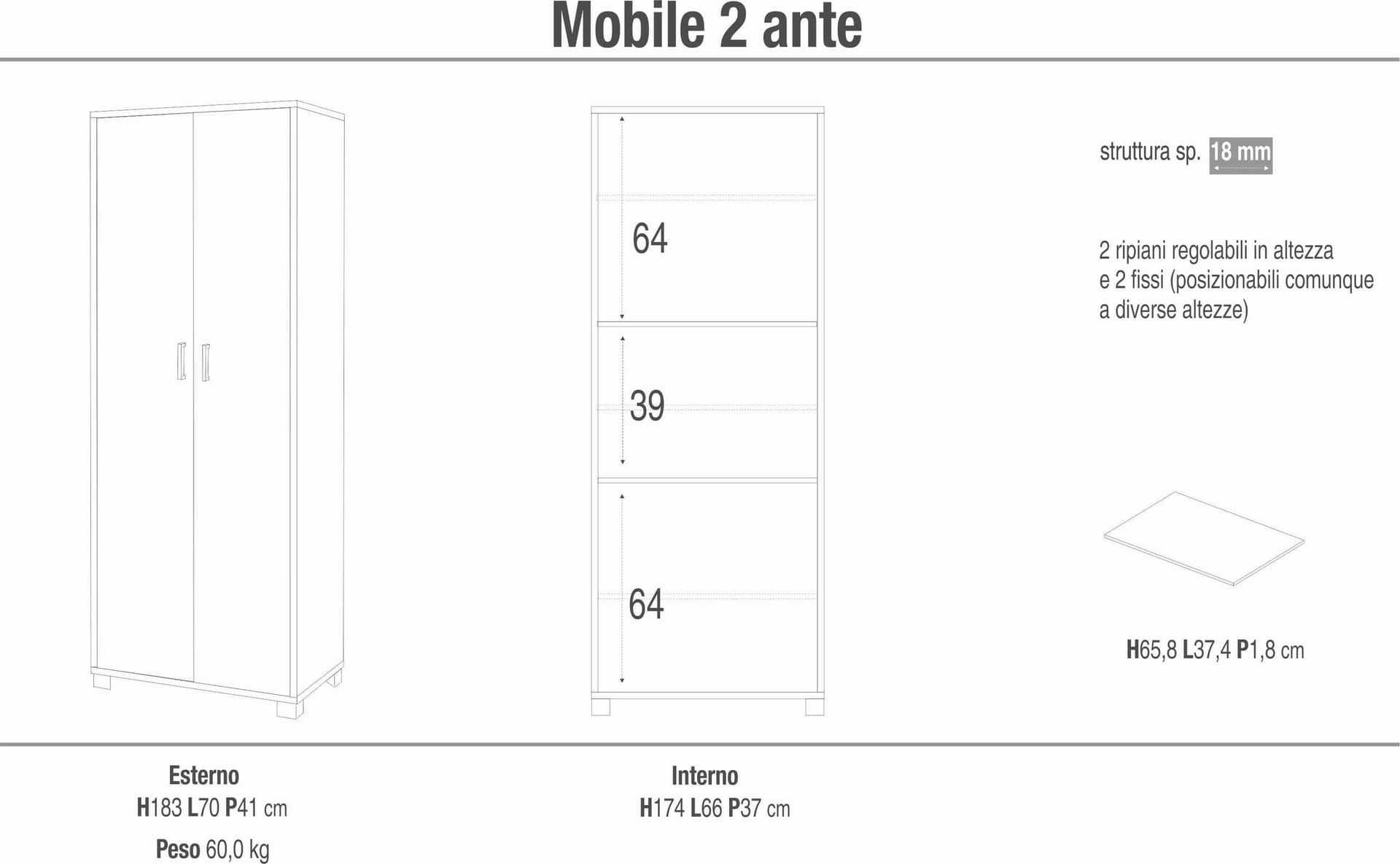 Mobile a 2 ante con ripiani fissi e regolabili – 70 x 41 x 183 cm - 5