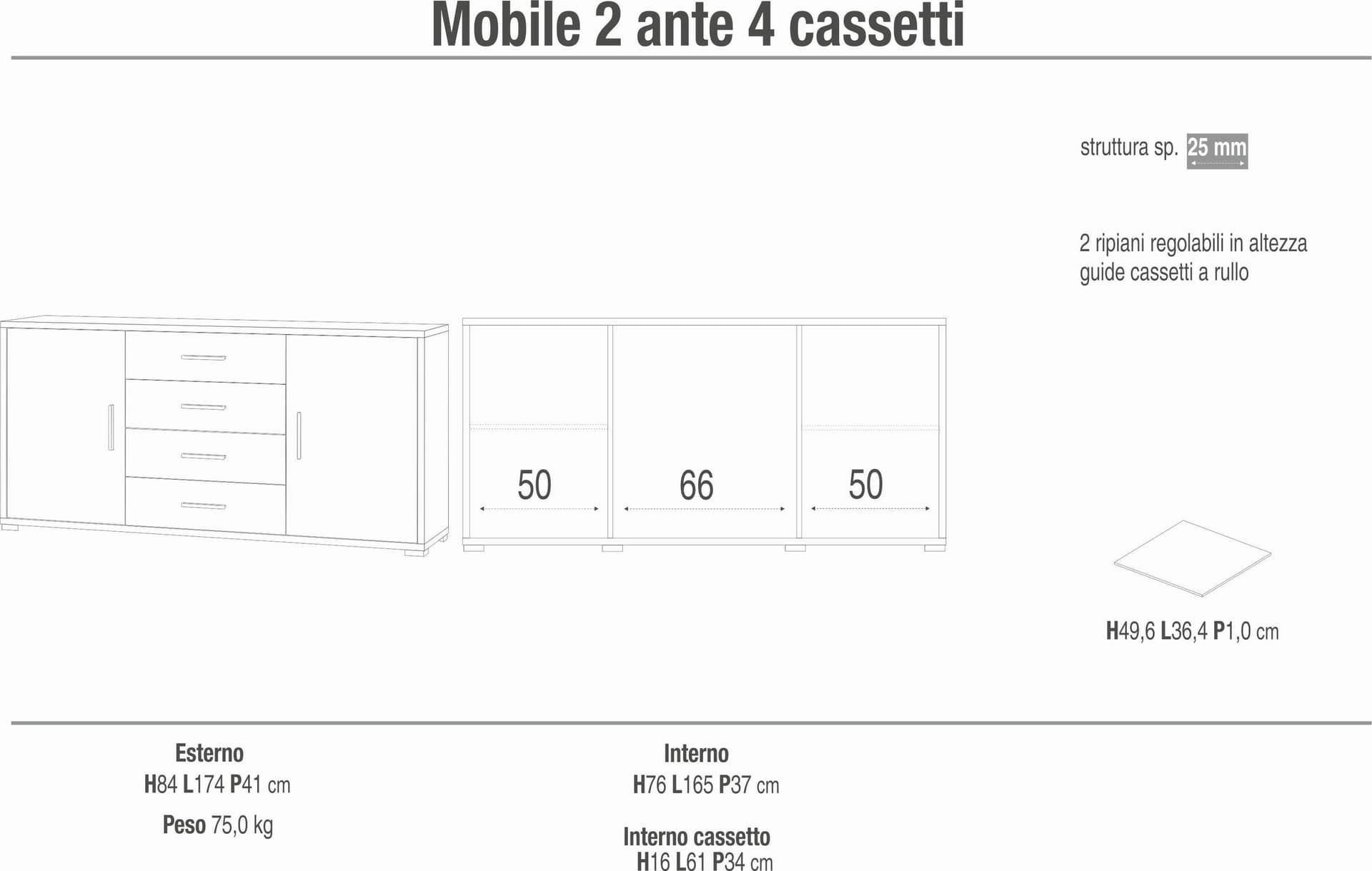 Mobile a 2 ante e 4 cassetti con ripiani regolabili – 174 x 41 x 84 cm - 10