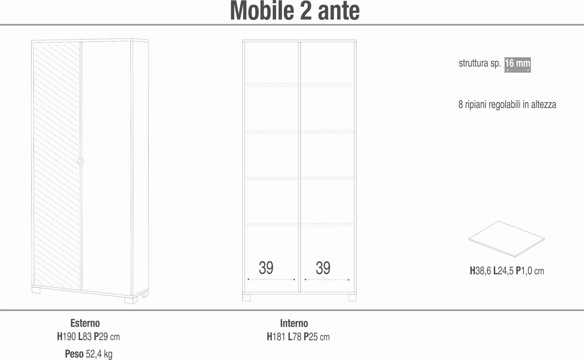 Mobile a 2 ante con ripiano regolabile e anta a specchio – 83 x 29 x 190 cm - 4