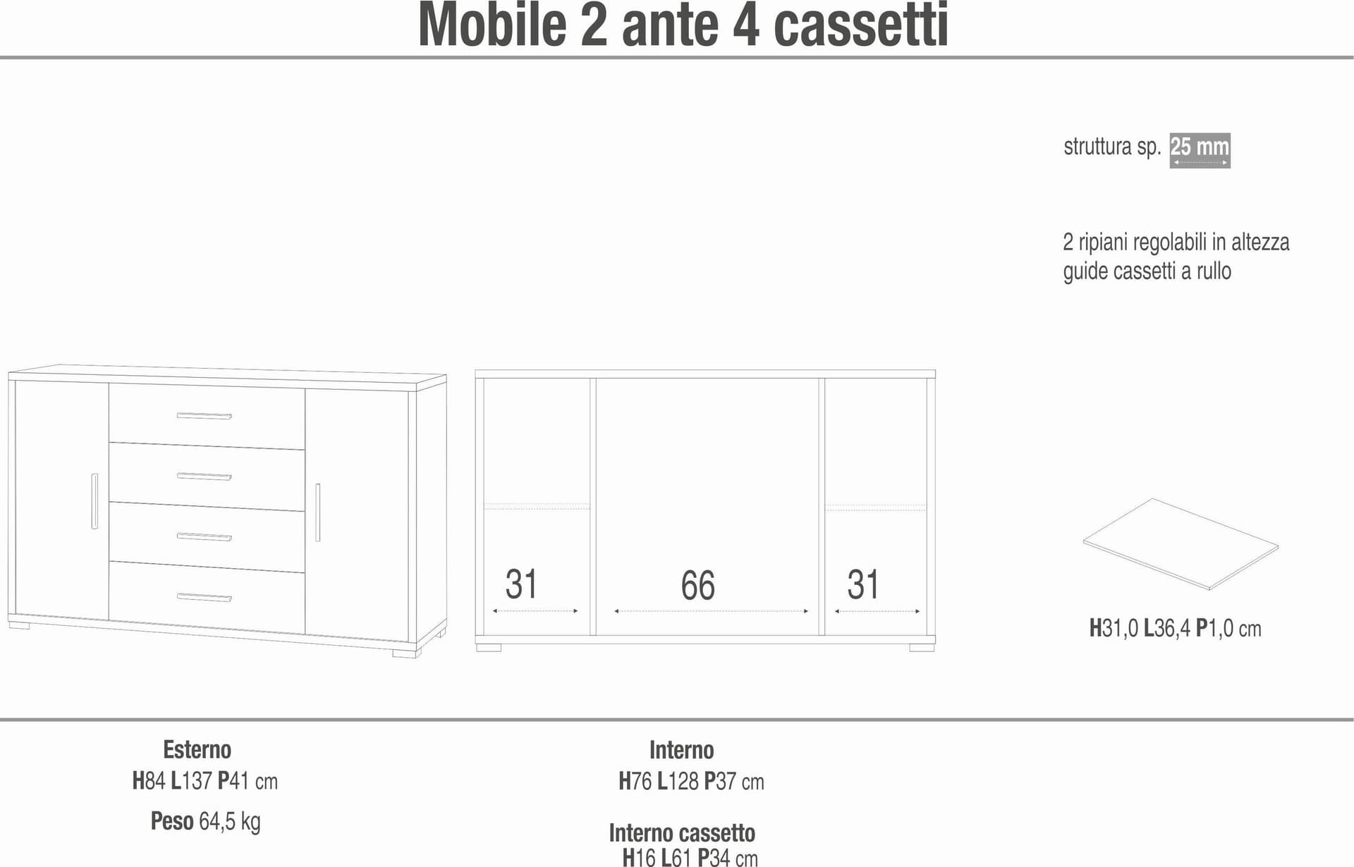 Mobile a 2 ante e 4 cassetti con ripiani regolabili – 137 x 41 x 84 cm - 10
