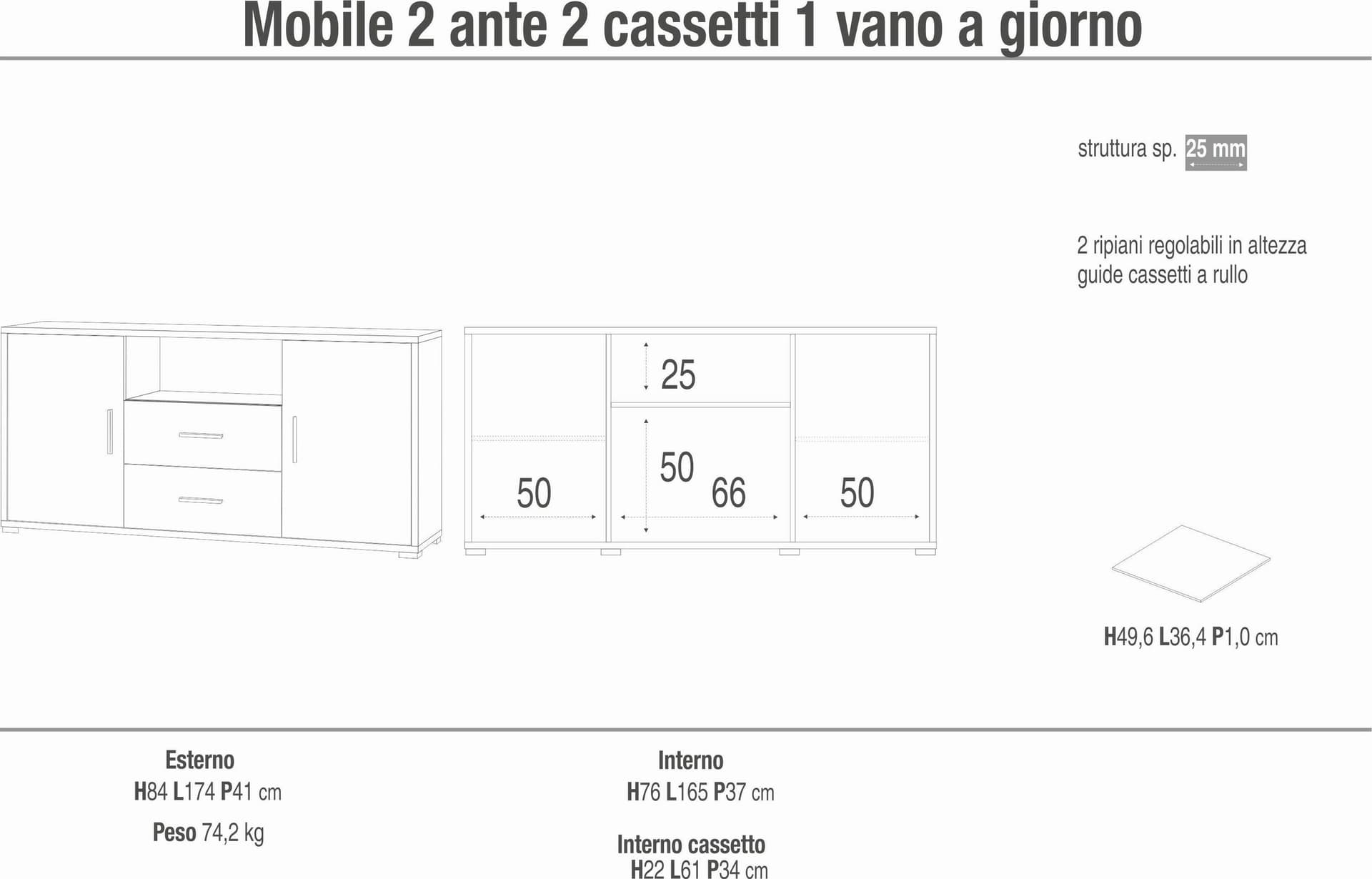 Mobile a 2 ante e 2 cassetti con ripiani regolabili – 174 x 41 x 84 cm - 10