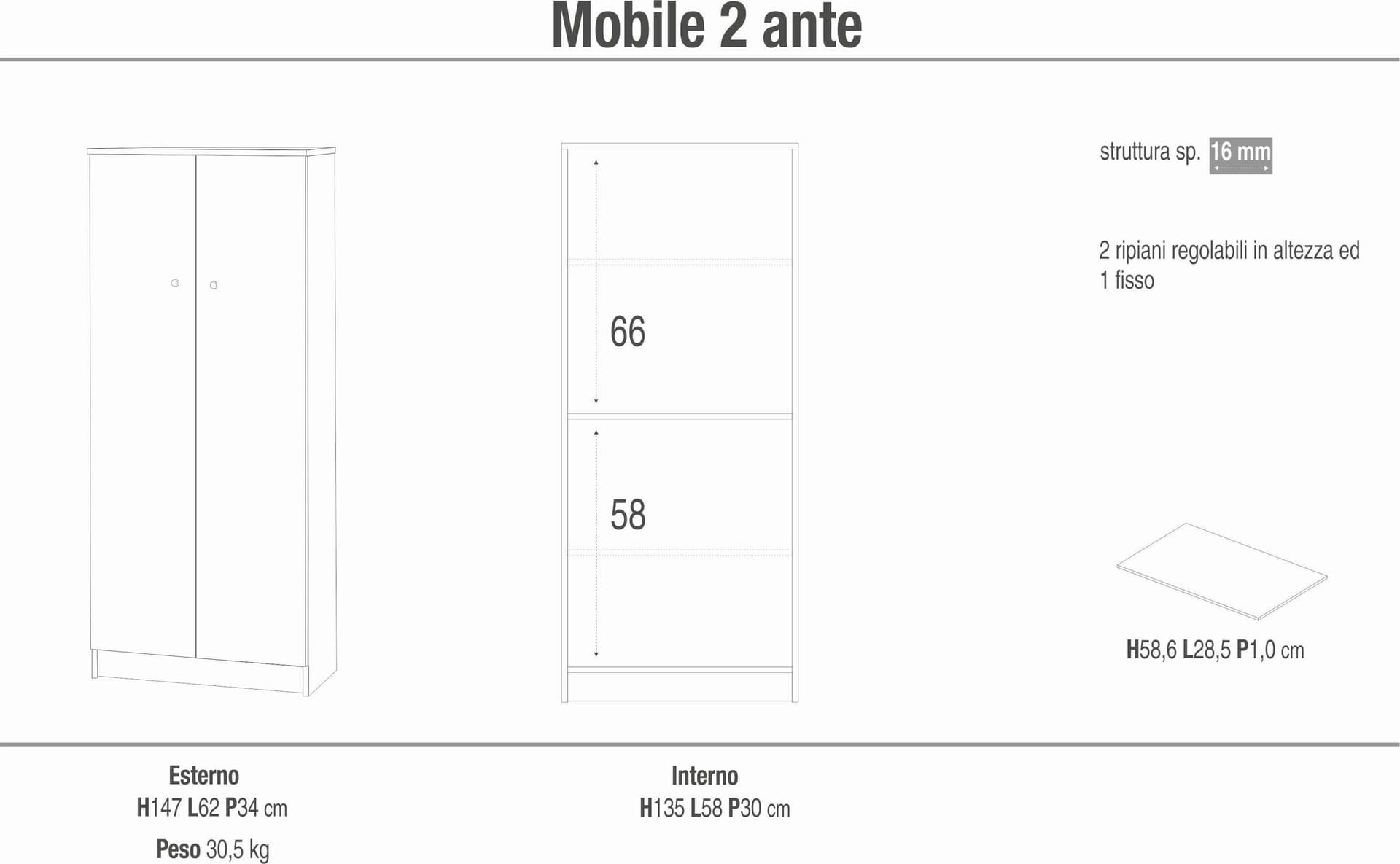 Mobile a 2 ante con ripiani regolabili – 62 x 34 x 147 cm - 7