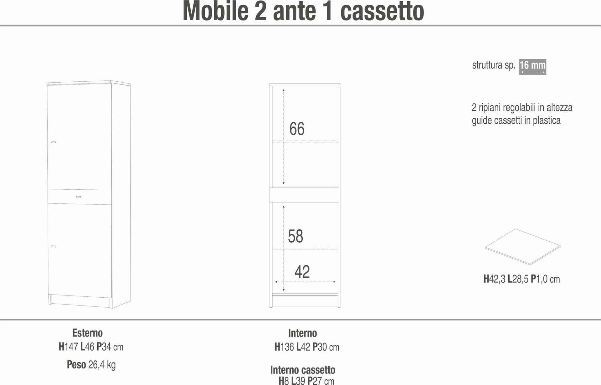 Mobile a 2 ante e 1 cassetto laccato lucido – 46 x 34 x 147 cm - 2