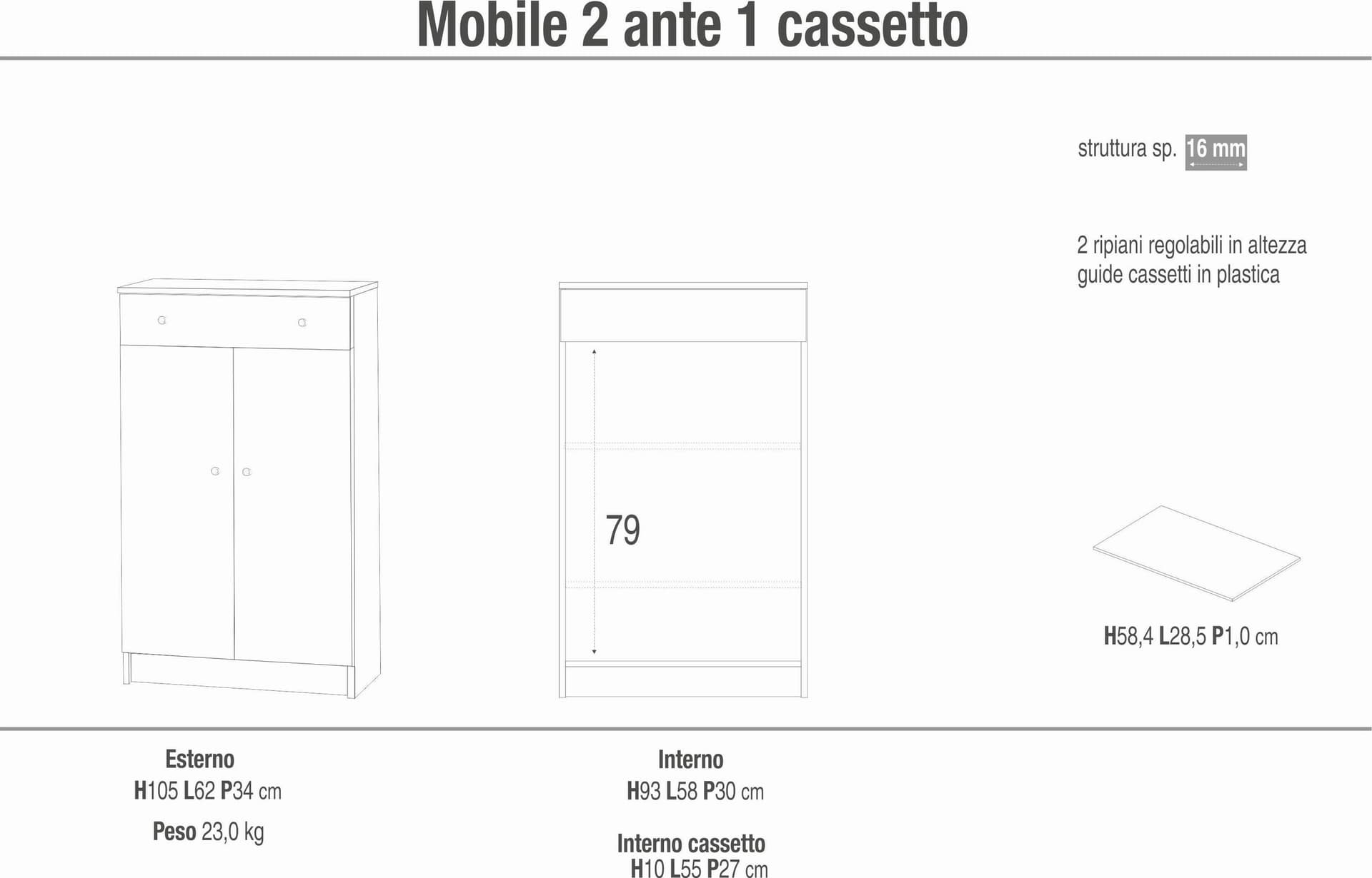 Mobile a 2 ante e 1 cassetto con ripiani regolabili – 62 x 34 x 105 cm - 5