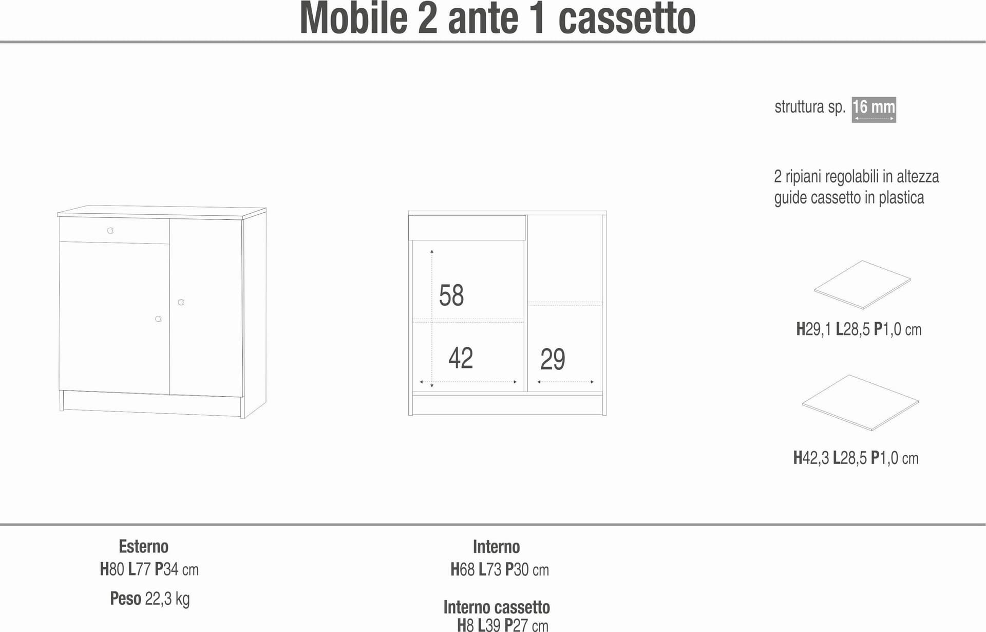 Mobile a 2 ante e 1 cassetto con ripiani regolabili – 77 x 34 x 80 cm - 7