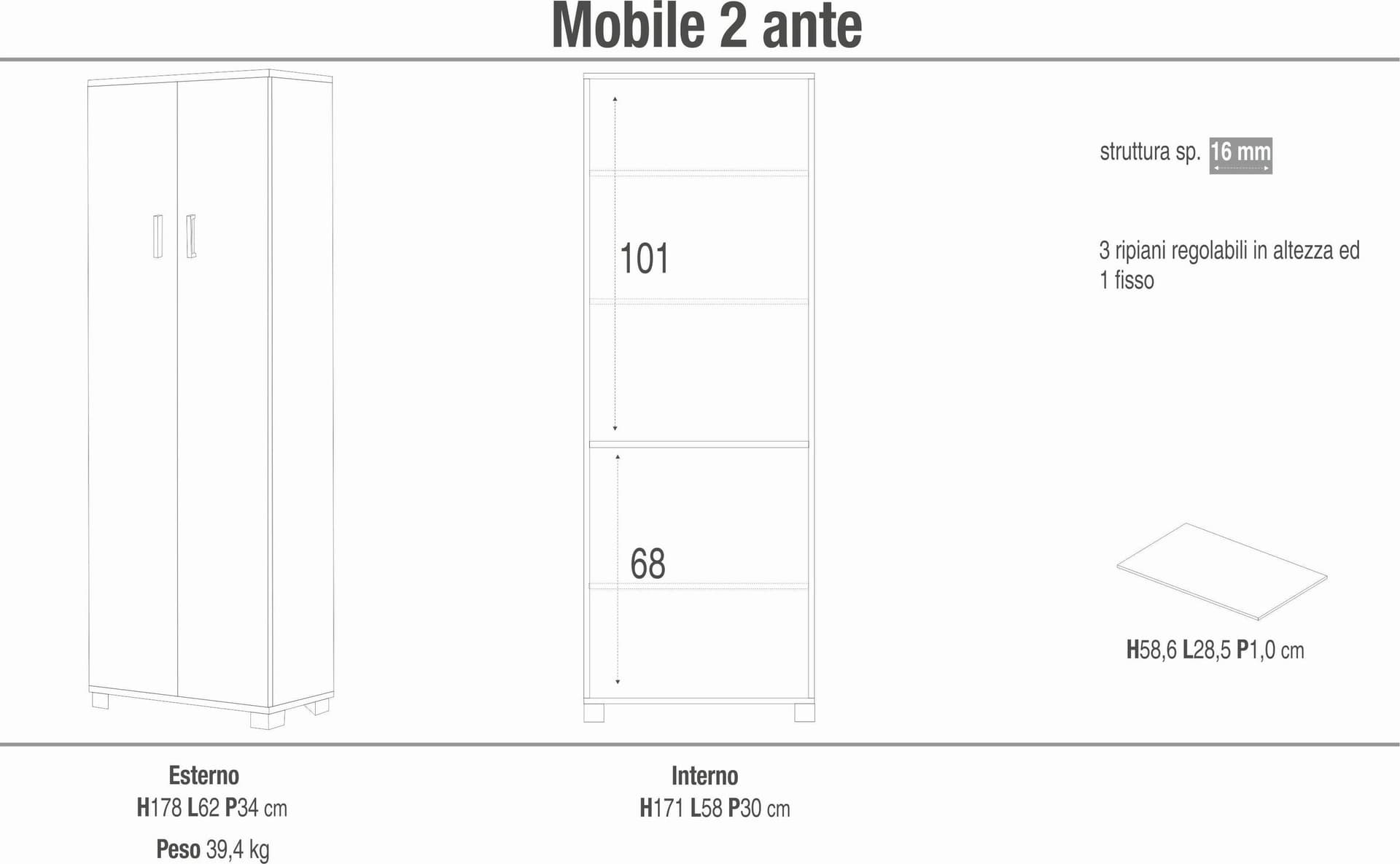 Mobile a 2 ante con ripiani regolabili – 62 x 34 x 178 cm - 6
