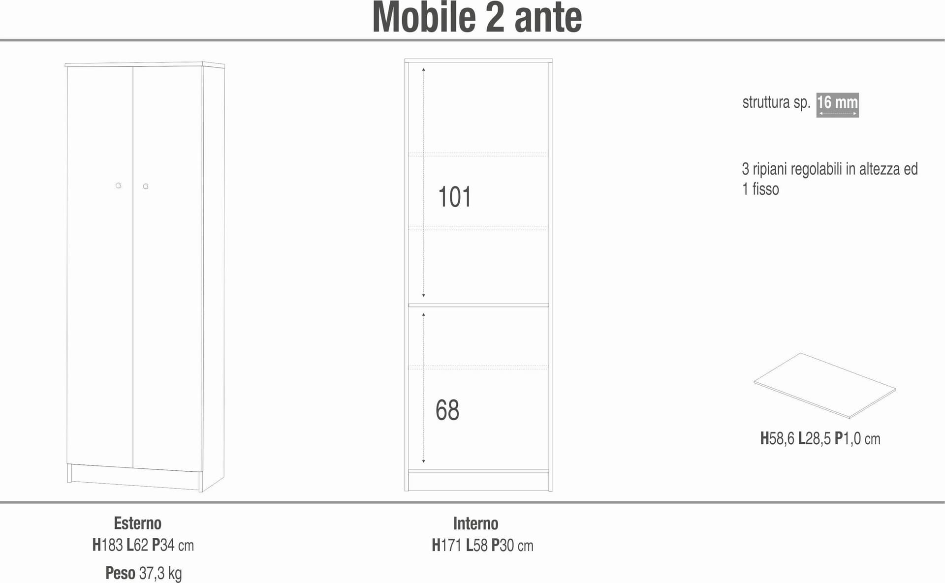 Mobile a 2 ante con ripiani regolabili in pannello nobilitato – 62 x 34 x 183 cm - 6