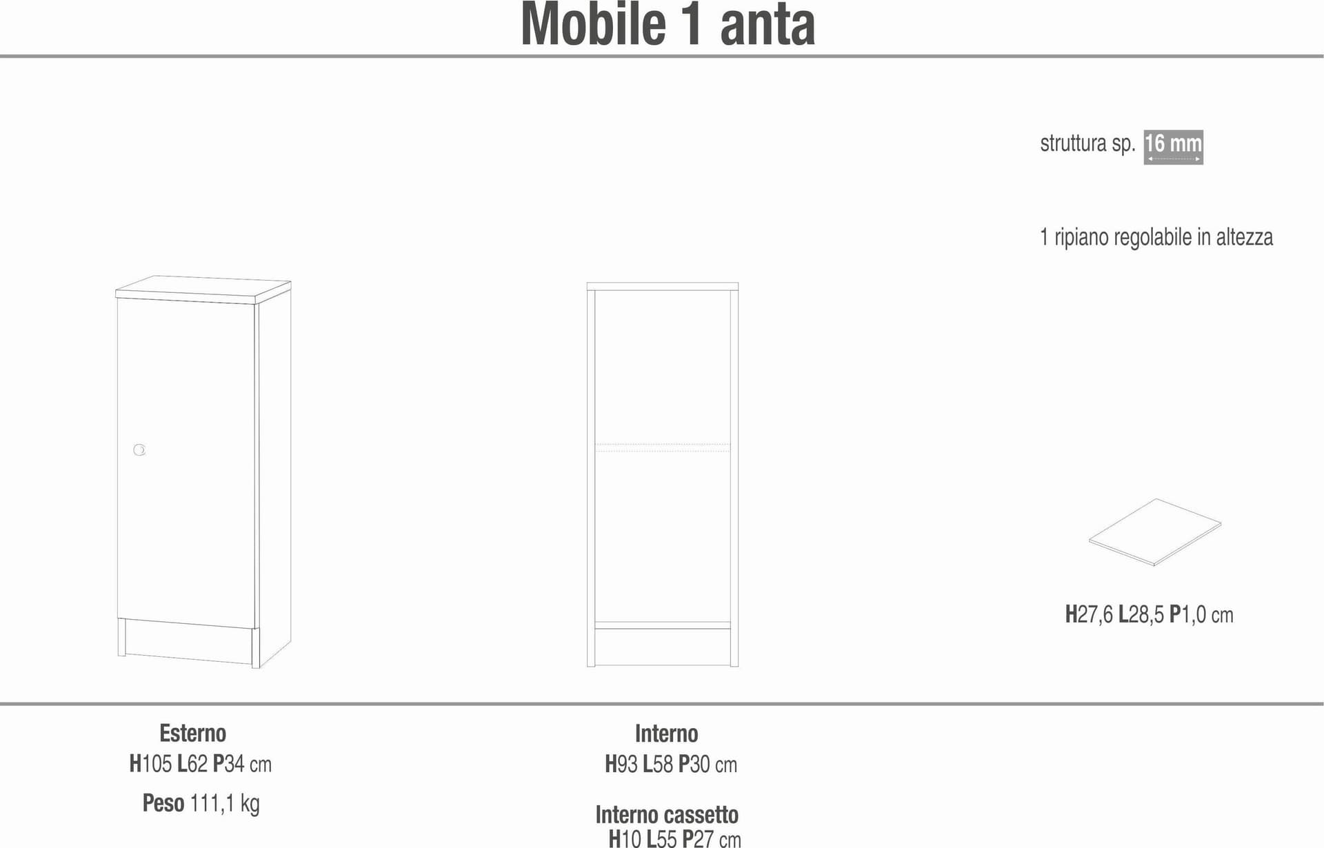 Mobile portaoggetti a 1 anta con ripiano regolabile – 31 x 34 x 80 cm - 5