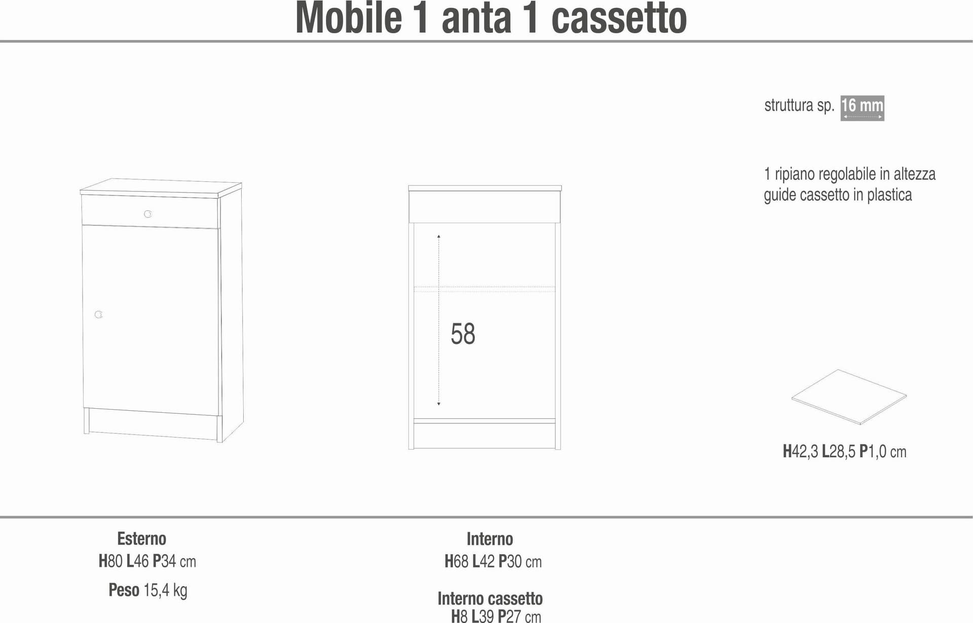 Mobile con 1 anta e 1 cassetto in pannello nobilitato – 46 x 34 x 80 cm - 6