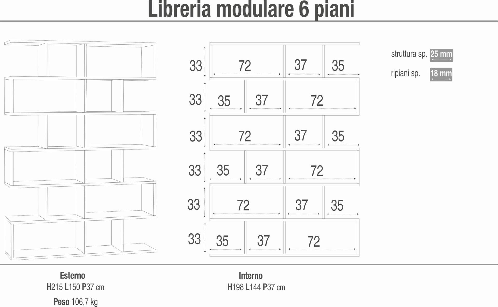 Libreria divisoria modulare a 6 piani in pannello nobilitato – 150 x 38 x 215 cm - 9
