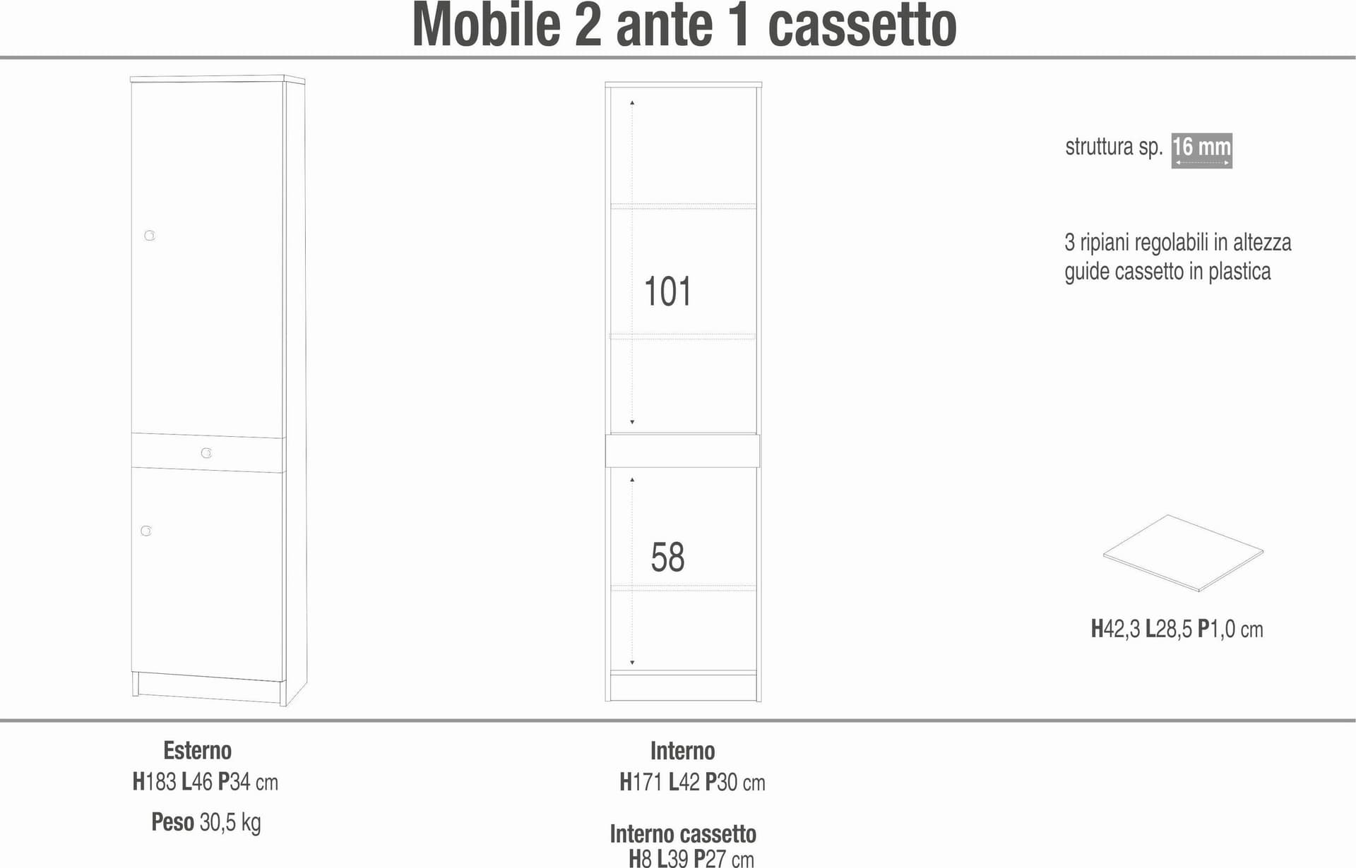 Colonna a 2 ante e 1 cassetto con 3 ripiani regolabili in pannello nobilitato – 46 x 34 x 183 cm - 7