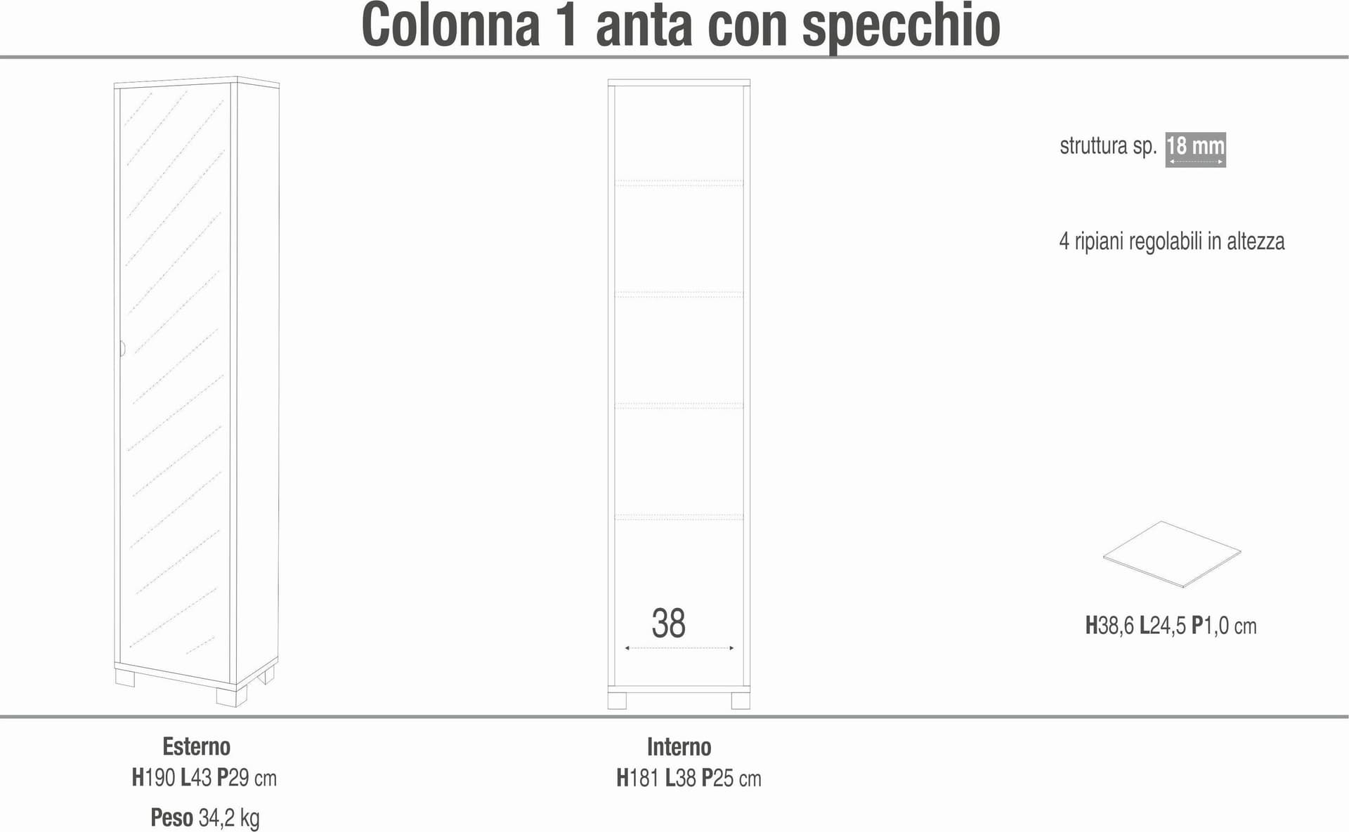 Colonna a 1 anta con specchio e 4 ripiani regolabili in pannello nobilitato – 43 x 29 x 190 cm - 7