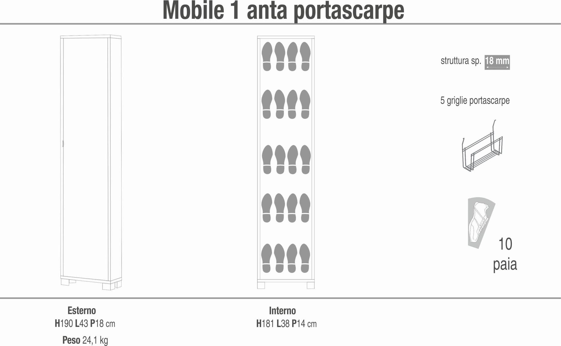 Colonna portascarpe a 1 anta con griglie interne in pannello nobilitato – 43 x 18 x 190 cm - 11