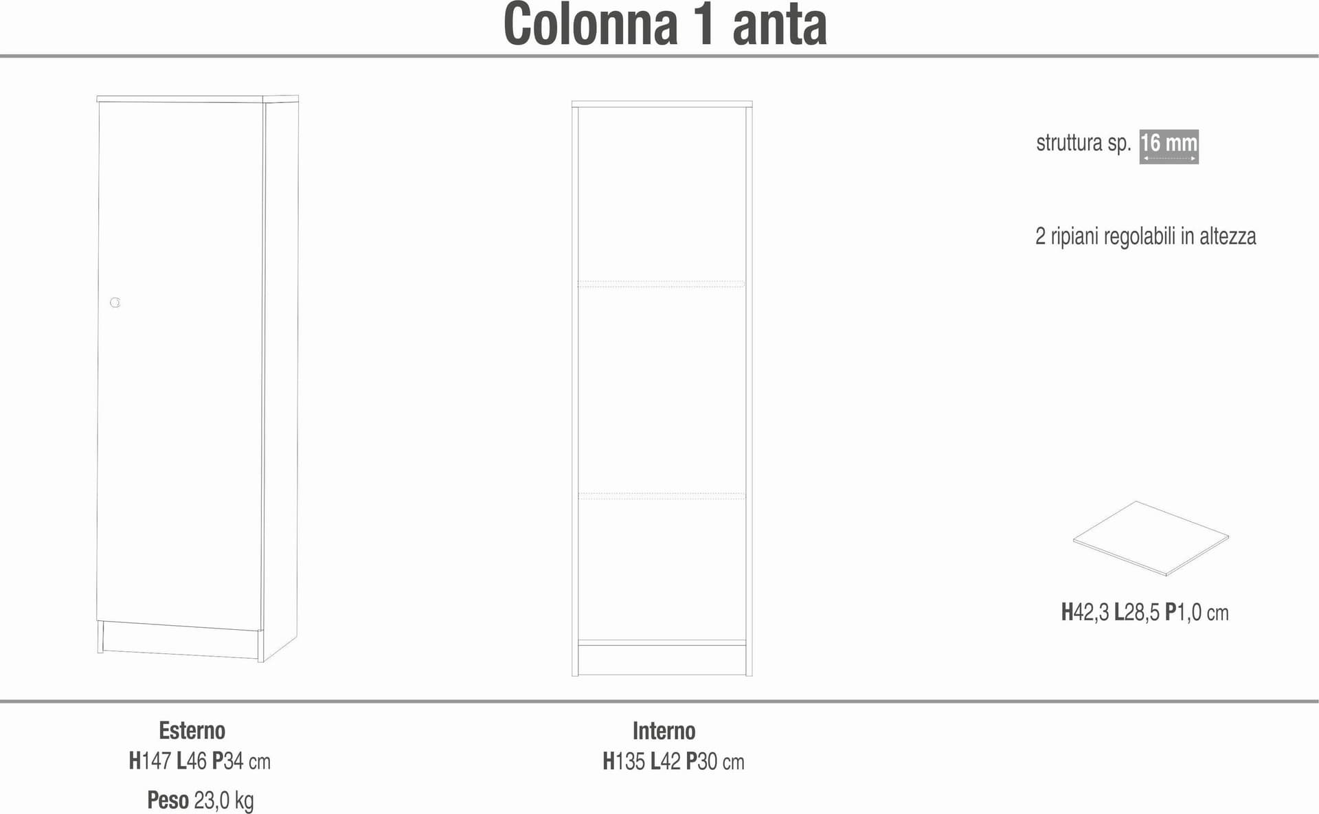 Colonna a 1 anta con 2 ripiani regolabili in pannello nobilitato – 46 x 34 x 147 cm - 6