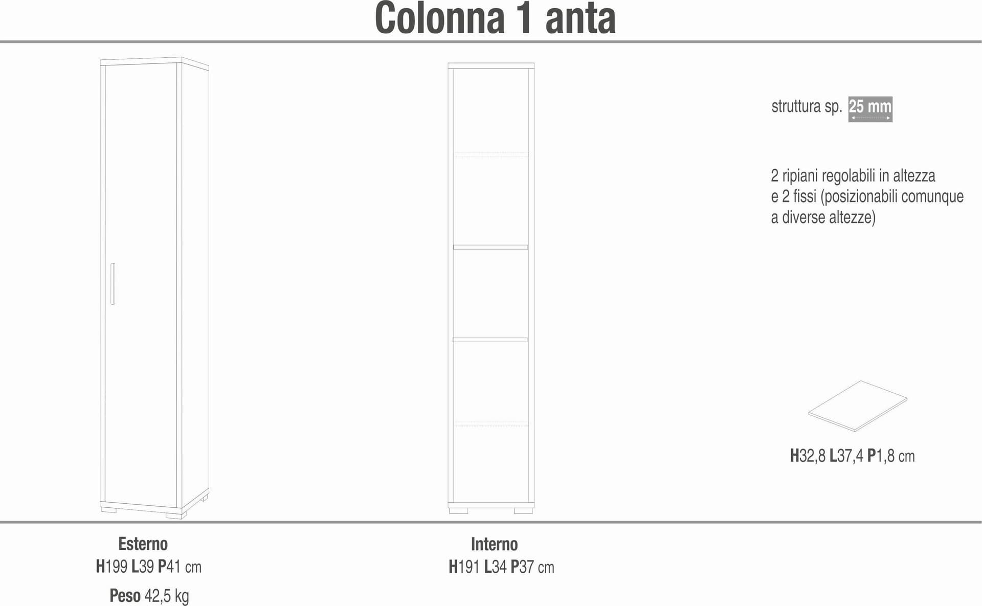 Colonna libreria a 1 anta con ripiani fissi e regolabili in pannello nobilitato – 38 x 41 x 199 cm - 10