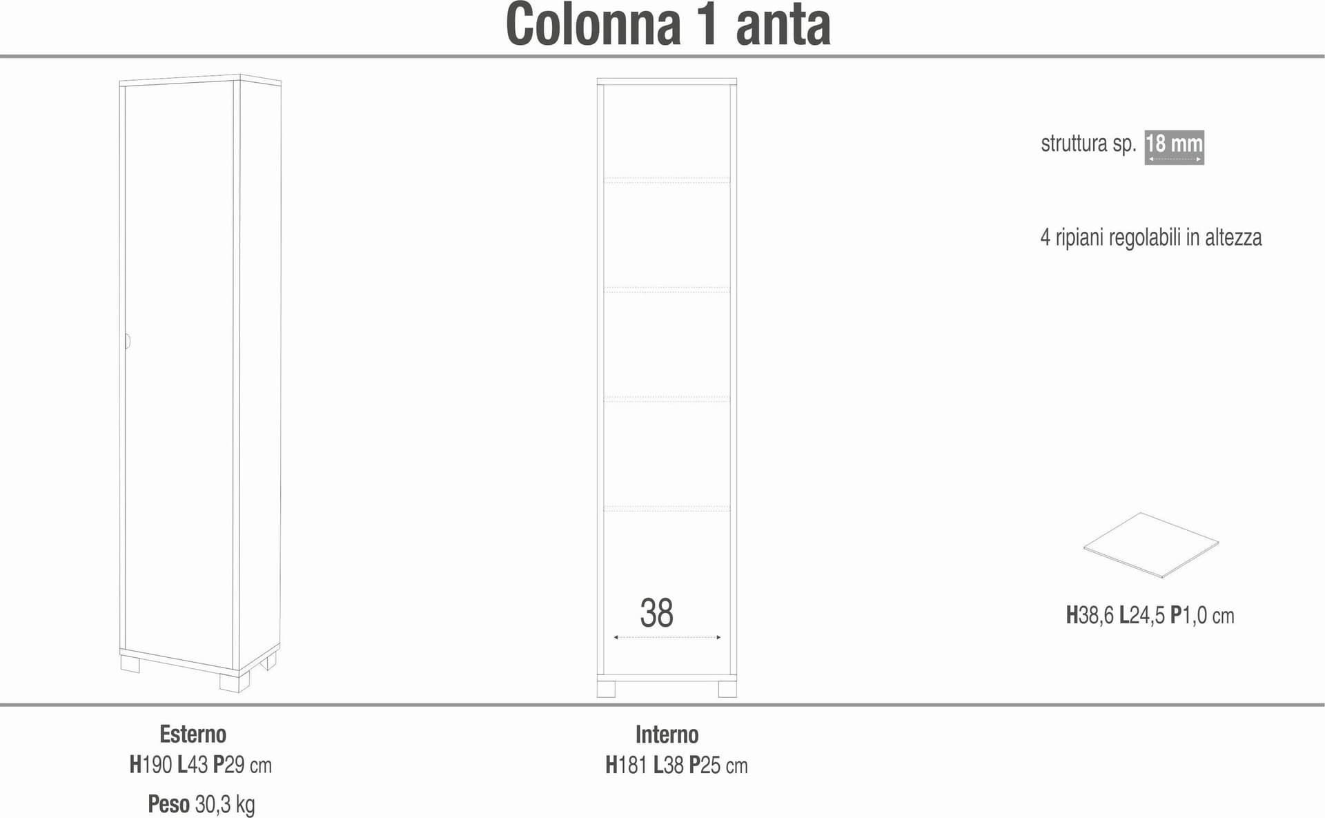 Colonna a 1 anta con 4 ripiani regolabili in pannello nobilitato – 43 x 29 x 190 cm - 20