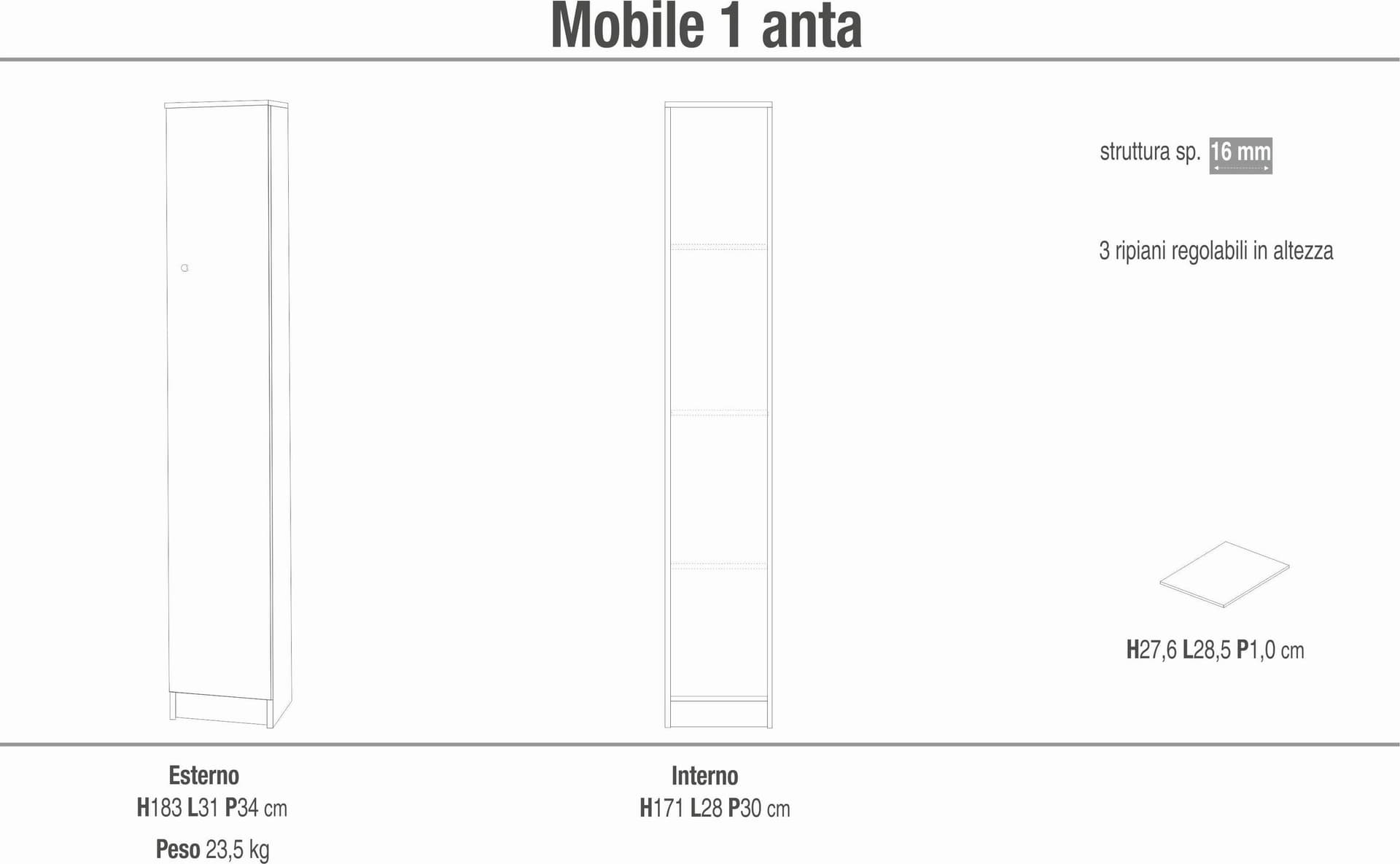 Colonna a 1 anta con 3 ripiani regolabili in pannello nobilitato – 31 x 34 x 183 cm - 4