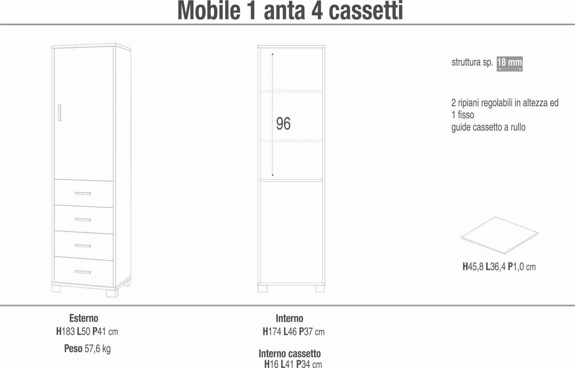 Colonna a 1 anta, 4 cassetti e 2 ripiani regolabili, in pannello nobilitato – 50 x 41 x 183 cm - 28