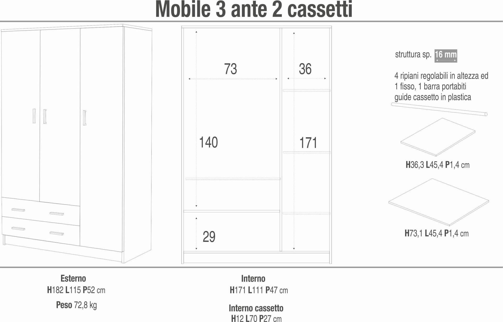 Armadio a 3 Ante e 2 Cassetti, barra portabiti e ripiani regolabili, in pannello nobilitato – 115 x 52 x 182 cm - 8