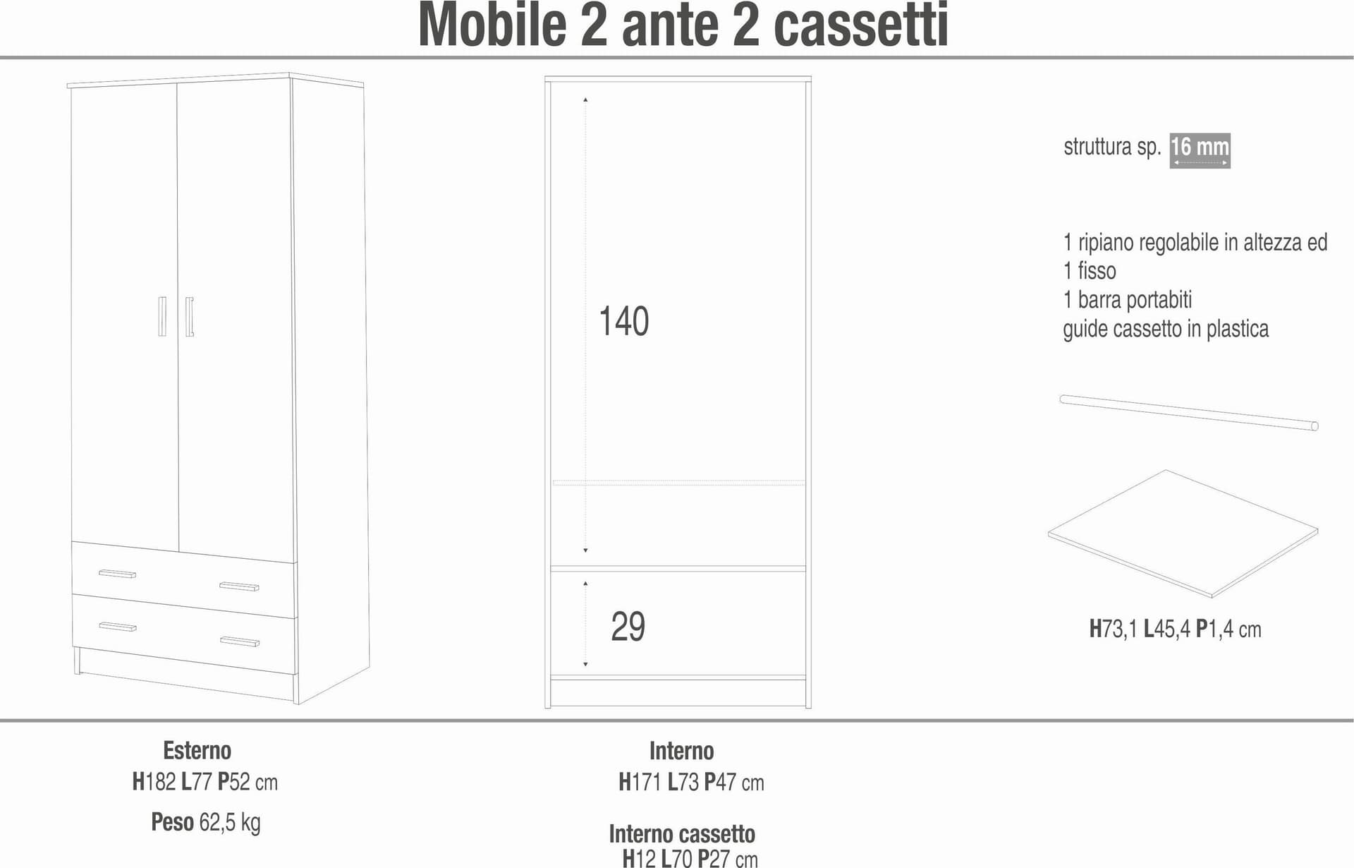 Armadio a 2 Ante e 2 Cassetti in Pannello Nobilitato con Barra Portabiti – 77 x 52 x 182 cm - 8