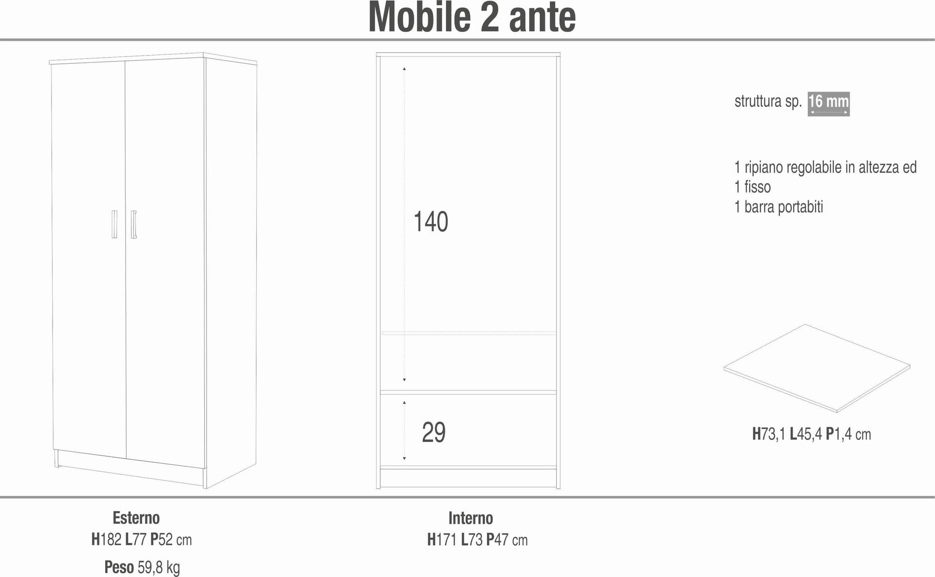 Armadio a 2 ante in kit, pannello truciolare nobilitato, 77 x 52 x 182 cm - 7