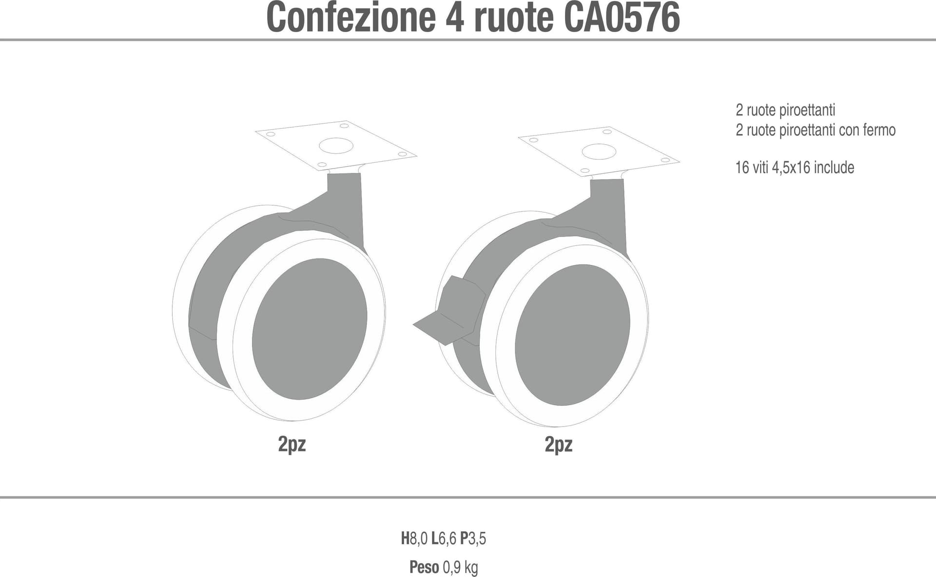 Confezione con 4 ruote girevoli, due con fermo, completo di viti di fissaggio - 2