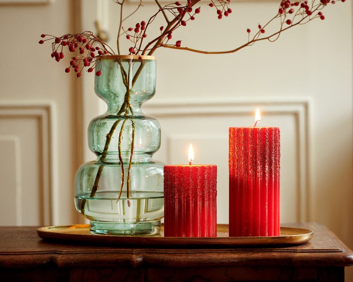 Candela decorativa in cera rigata con Glitter color Rosso Chiaro - 3