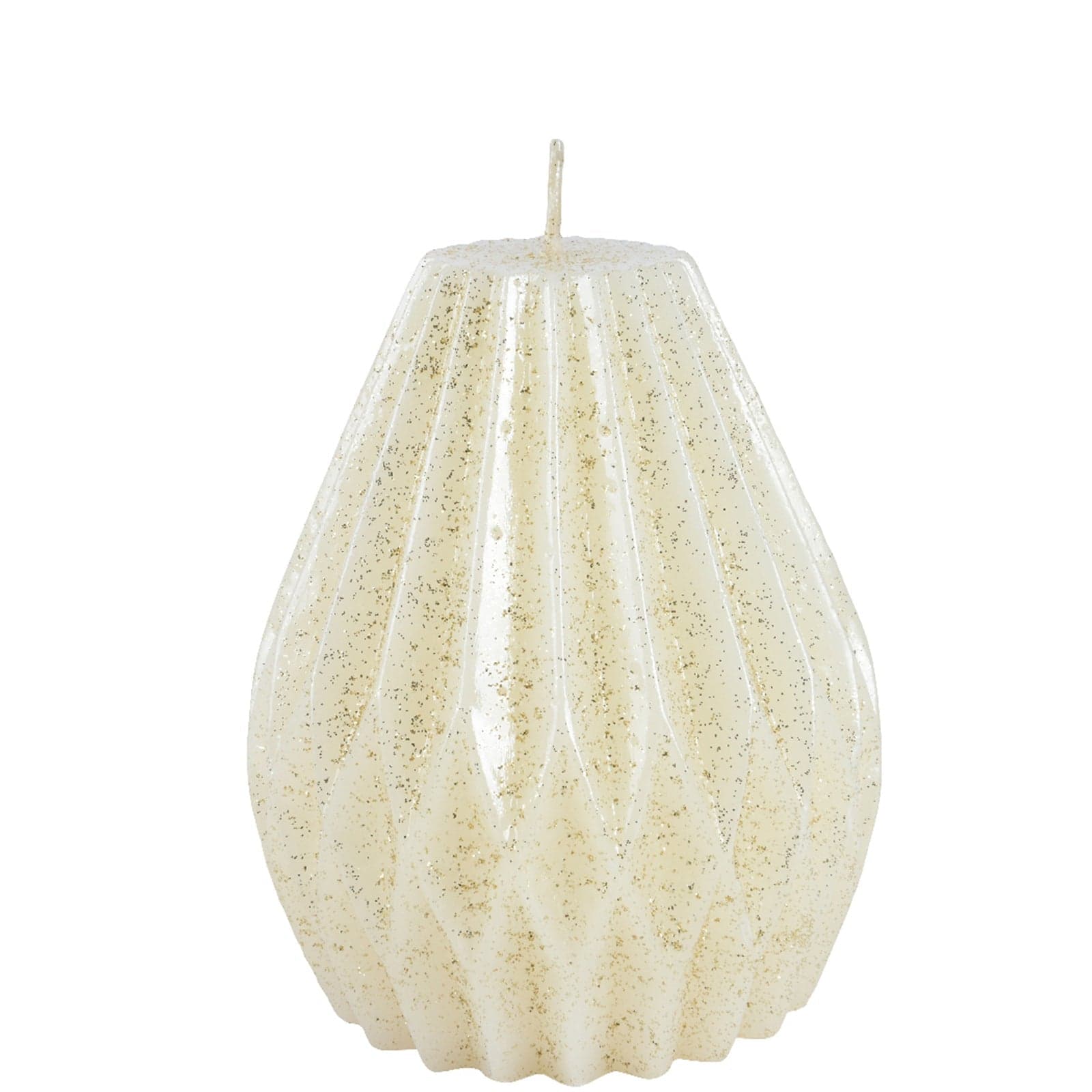 Candela decorativa in cera plissettata con glitter color bianco - 4
