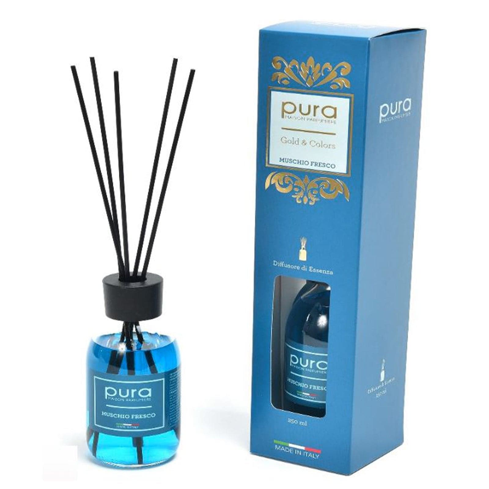 Diffusore di essenza "Linea gold" con bacchetti in cotone profumatore per ambienti da 250 ml - 12