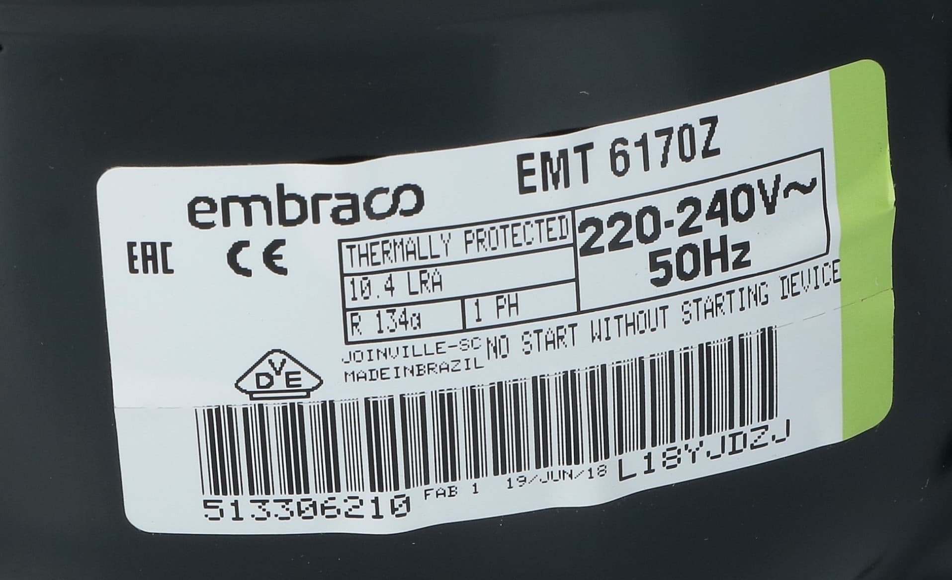 CompresSore frigorifero / congela/  embraco emt6170z - GAS  r134a -  mhbp 7,69cc - 4