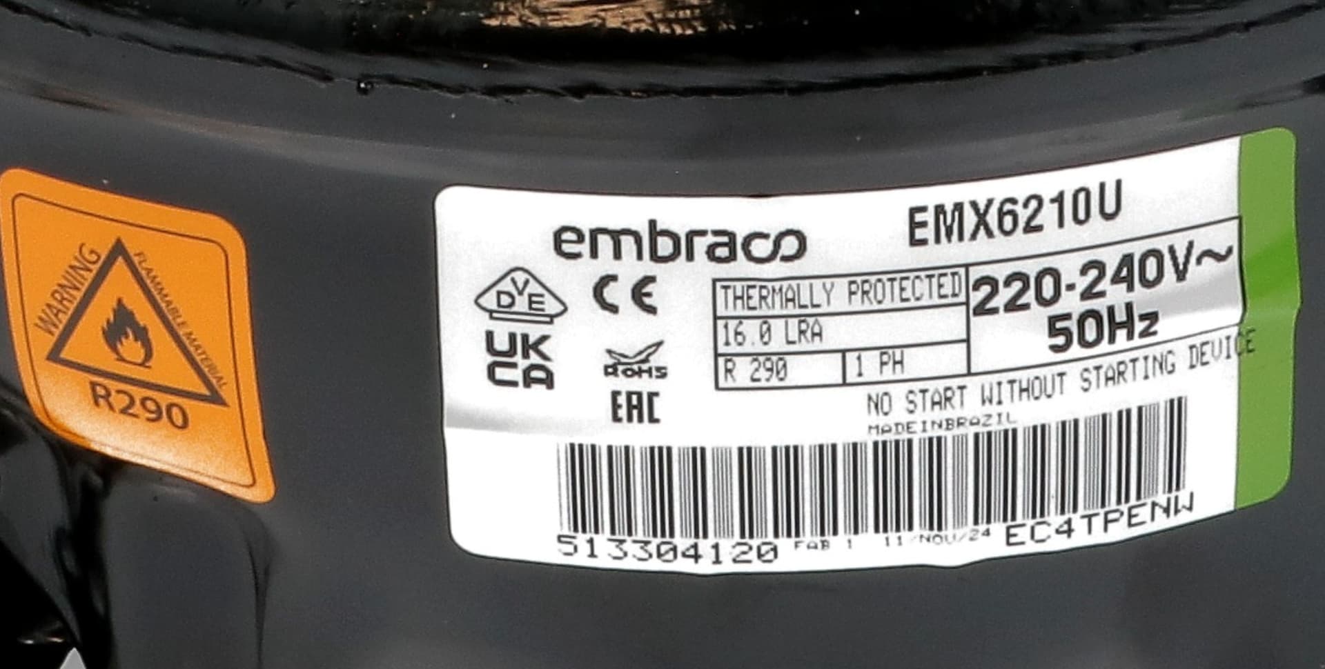 Compressore frigorifero / congelatore / embraco emx6210u - gas r290 - mbp 9,00cc - 3