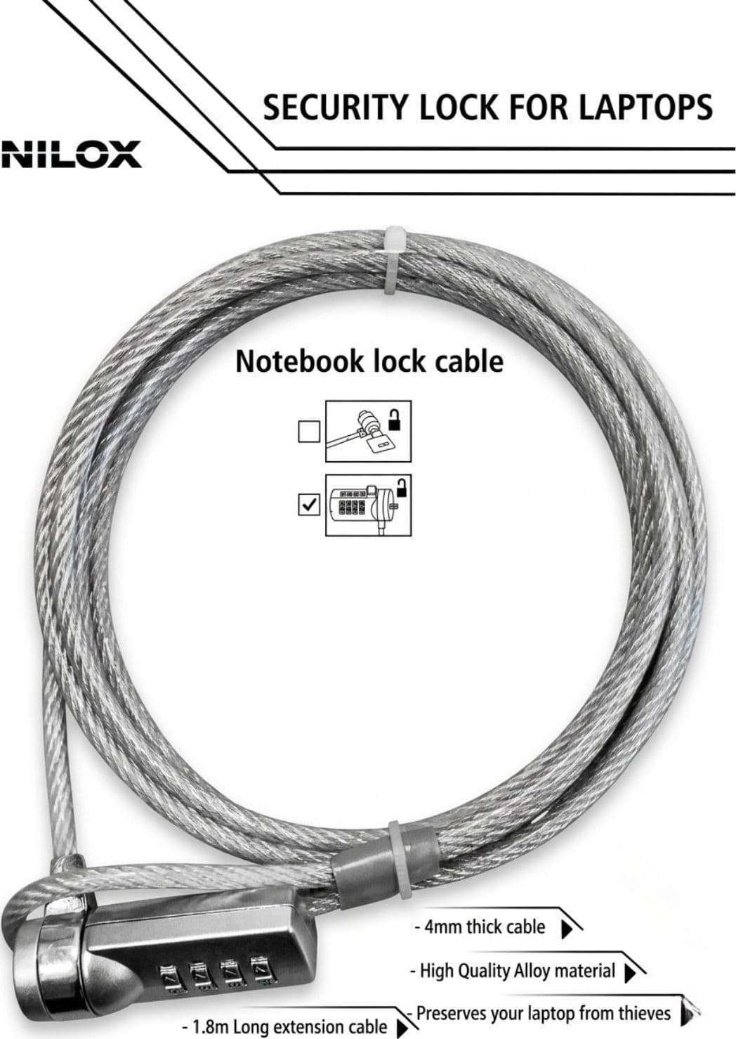 Nilox Cavo Di Sicurezza Con Combinazione Per Laptop 1.8mt.