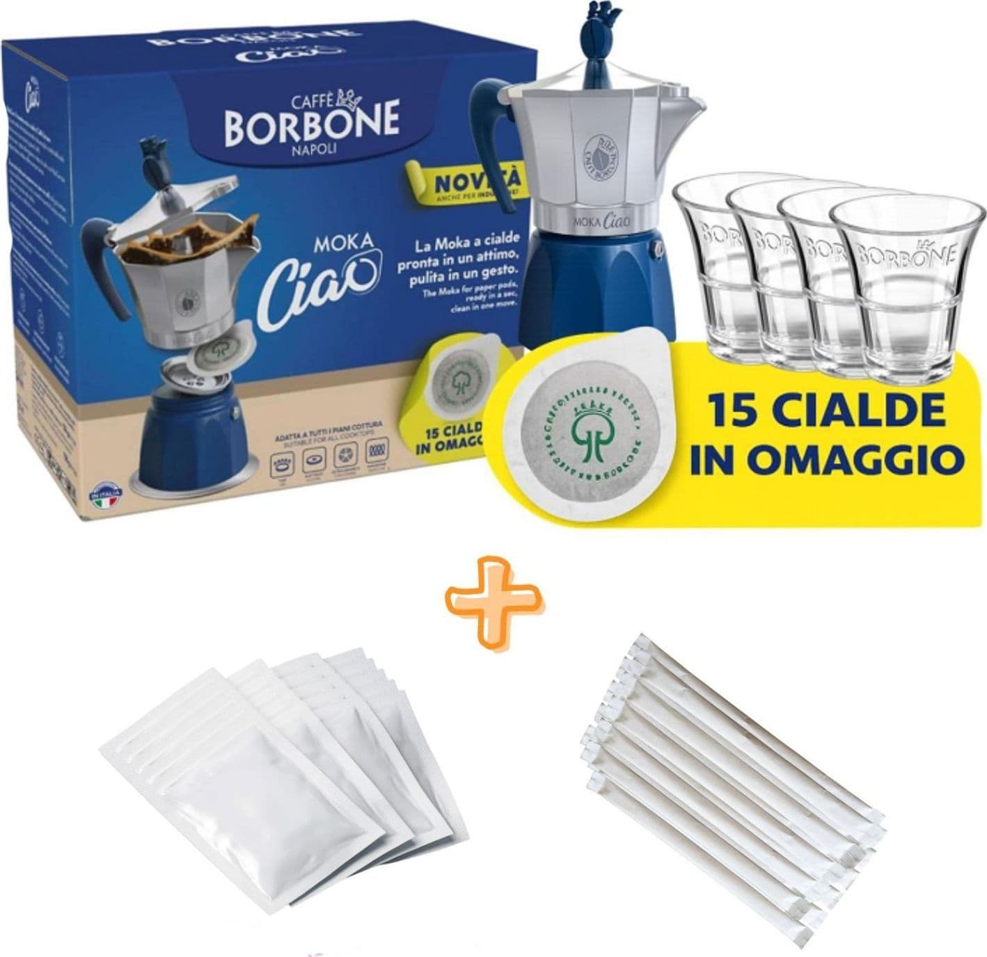Moka Ciao +4 Bicchierini di Vetro +15 Cialde +50 Zucchero e Palettine - 3