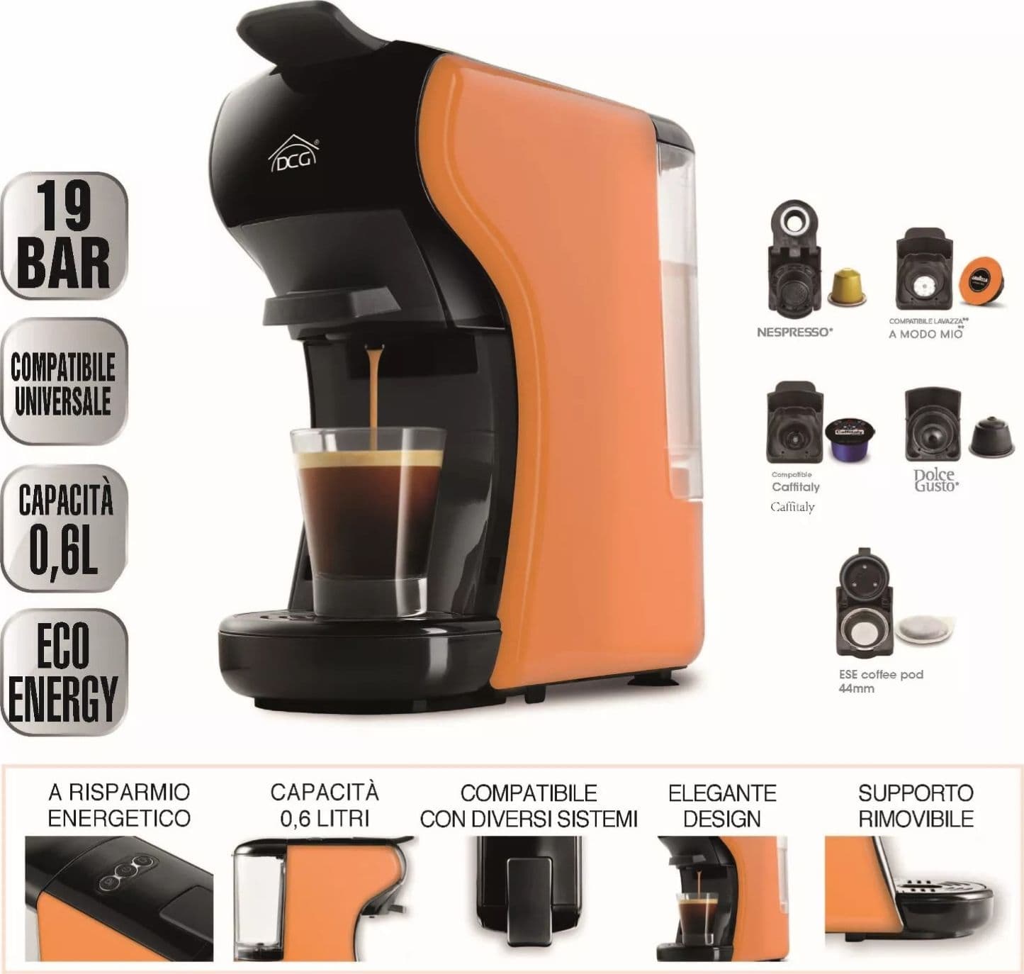 DCG ES6517 - Macchina Del Caffè Universale, serbatoio 0,6 Litri, 19 BAR, 1.450W - Arancione + Omaggio 15 Pz Cialde / Capsule - 7