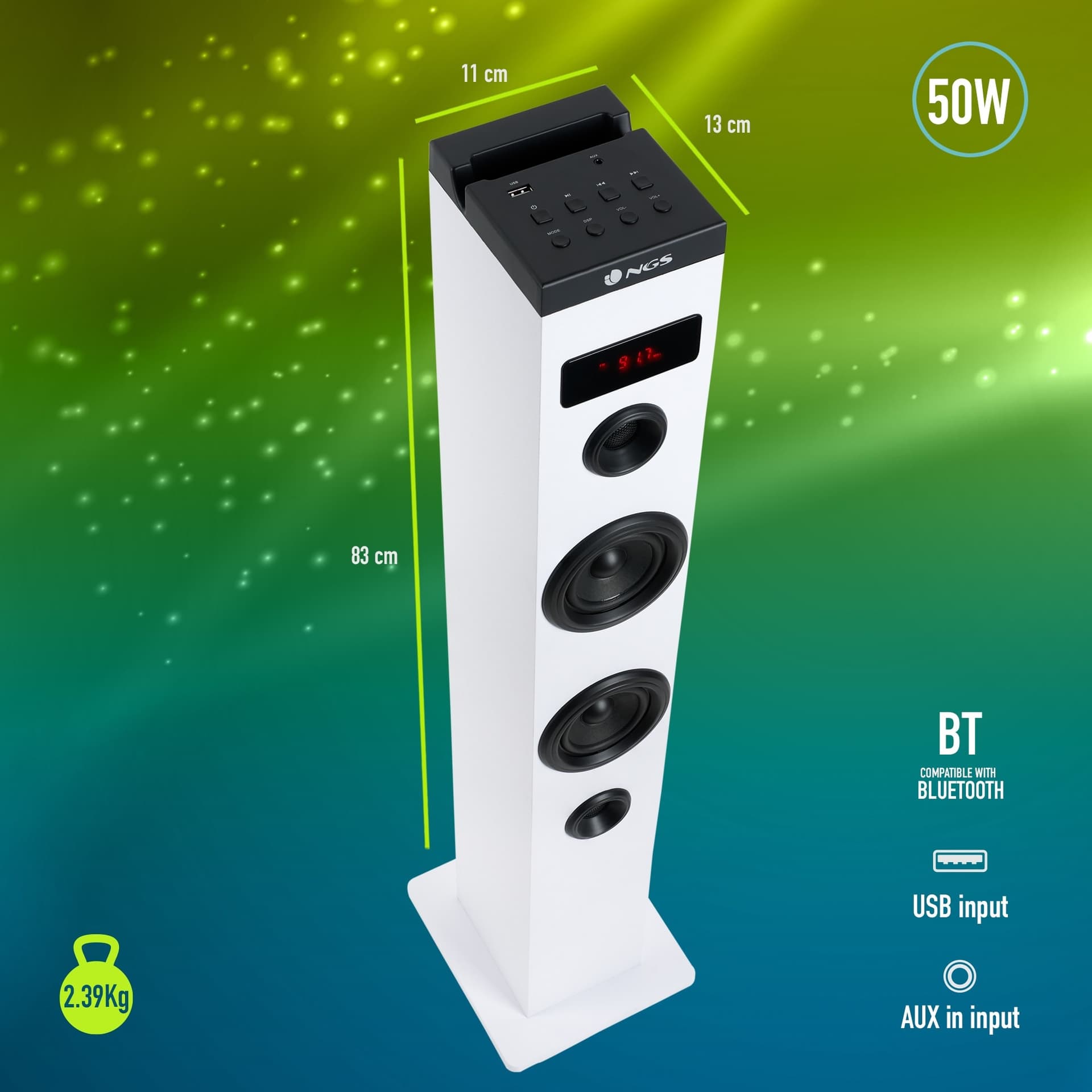 Ngs Speaker A Torre Skycharm Bluetooth Usb Radiofm Aux 50w Bianca - 9