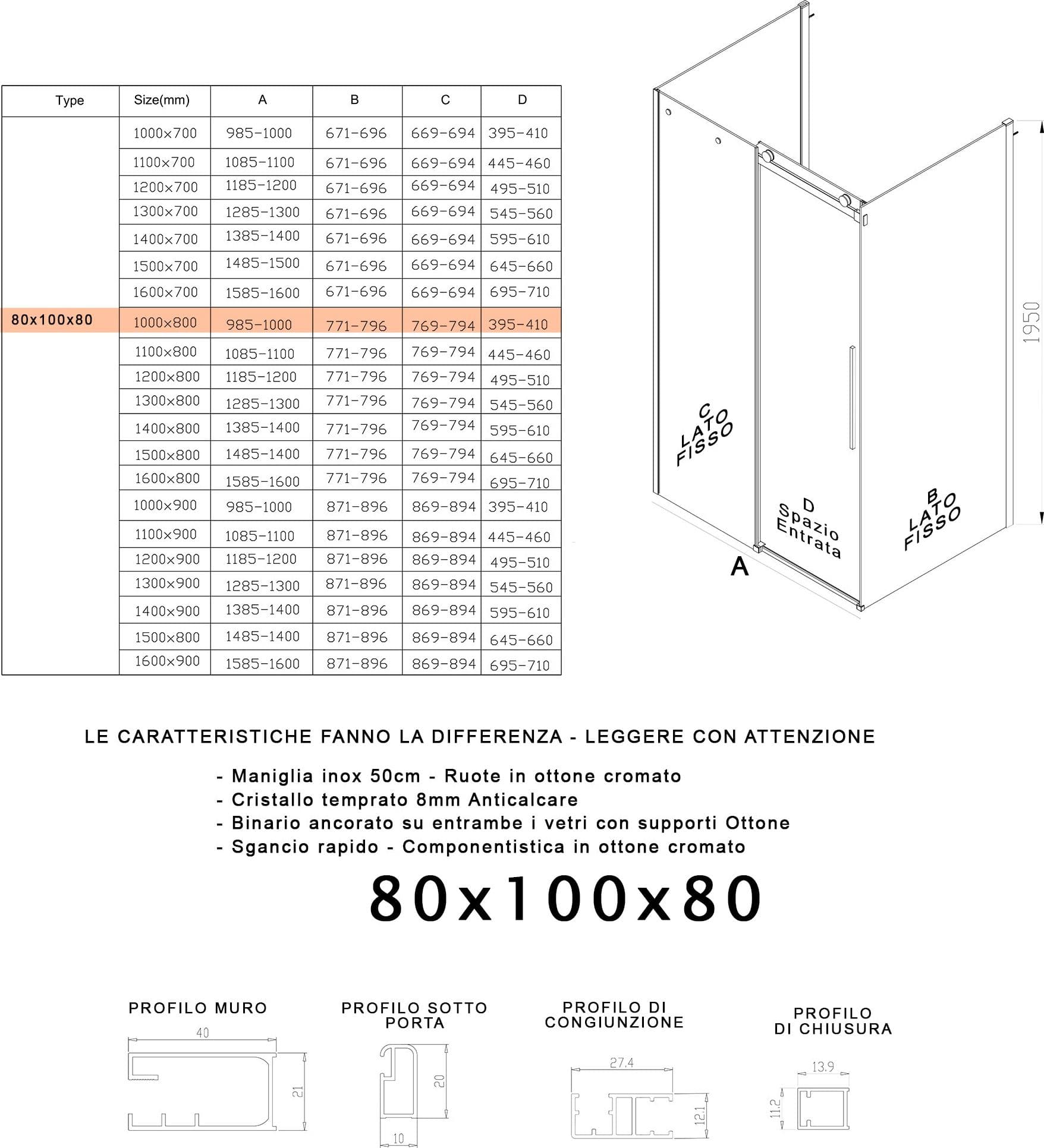 Box Doccia tre lati porta scorrevole trasparente H195cm 8mm anticalcare Euclide - 11