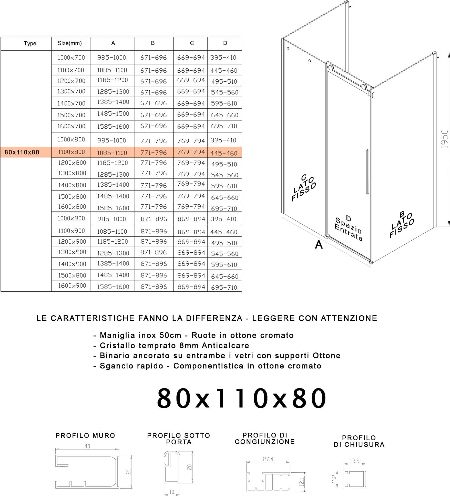 Box Doccia tre lati porta scorrevole trasparente H195cm 8mm anticalcare Euclide - 12