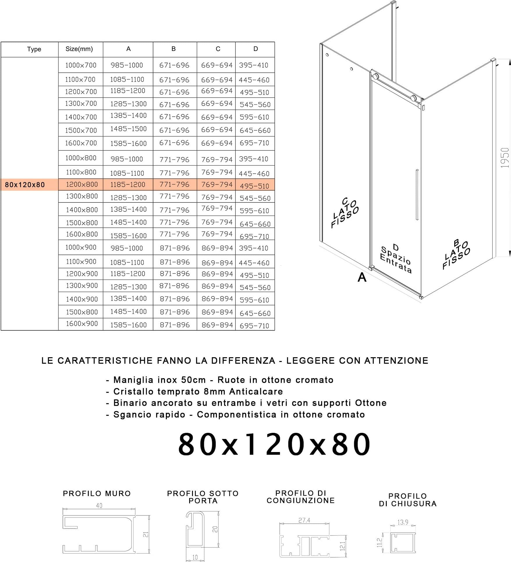 Box Doccia tre lati porta scorrevole trasparente H195cm 8mm anticalcare Euclide - 13