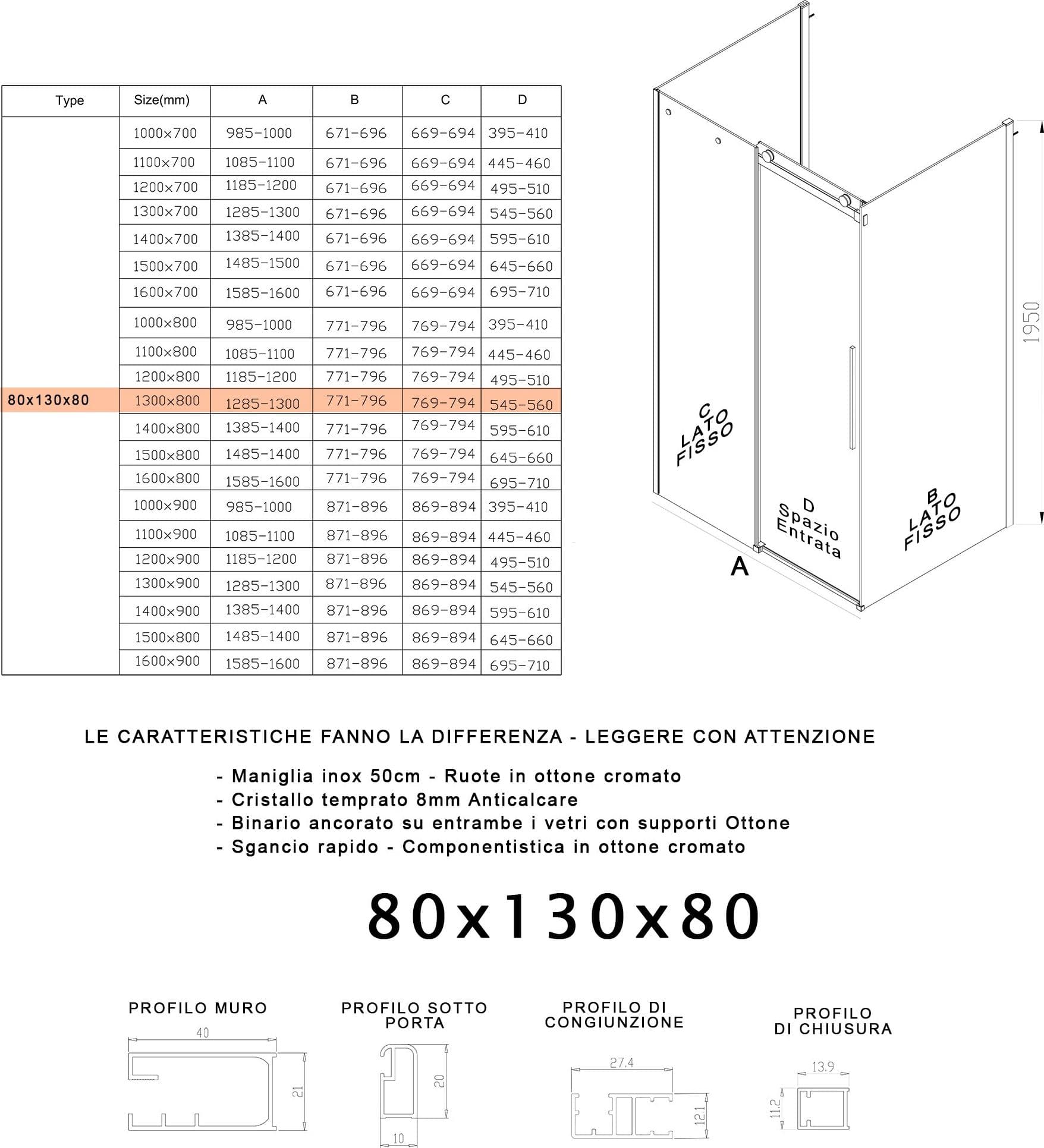 Box Doccia tre lati porta scorrevole trasparente H195cm 8mm anticalcare Euclide - 14