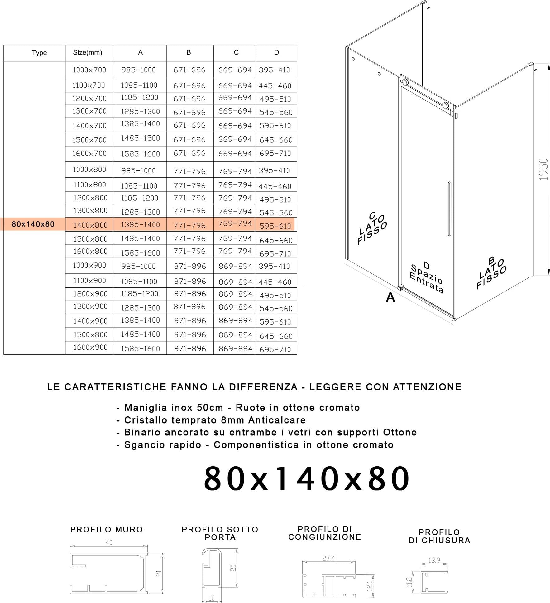 Box Doccia tre lati porta scorrevole trasparente H195cm 8mm anticalcare Euclide - 15