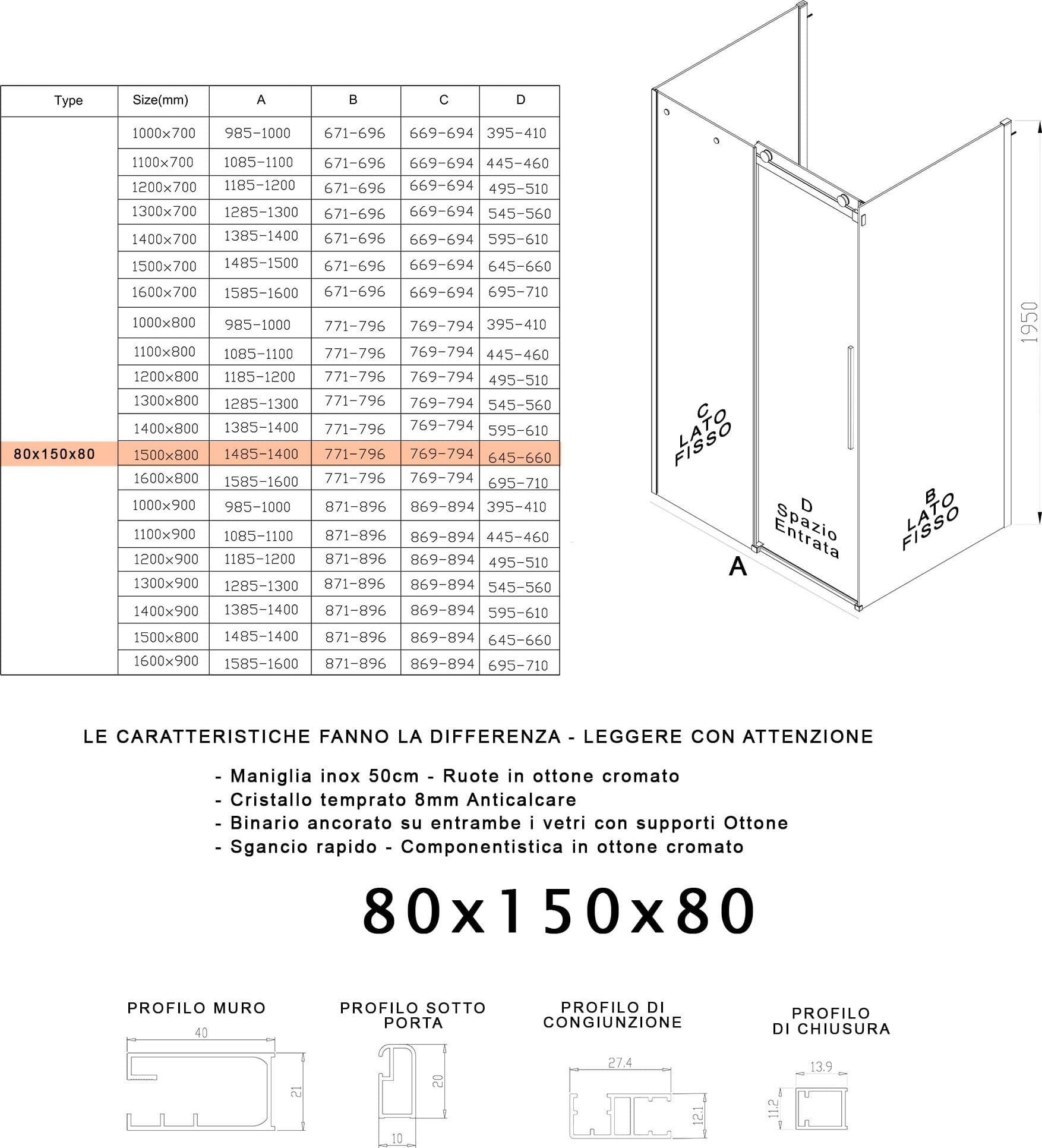 Box Doccia tre lati porta scorrevole trasparente H195cm 8mm anticalcare Euclide - 16