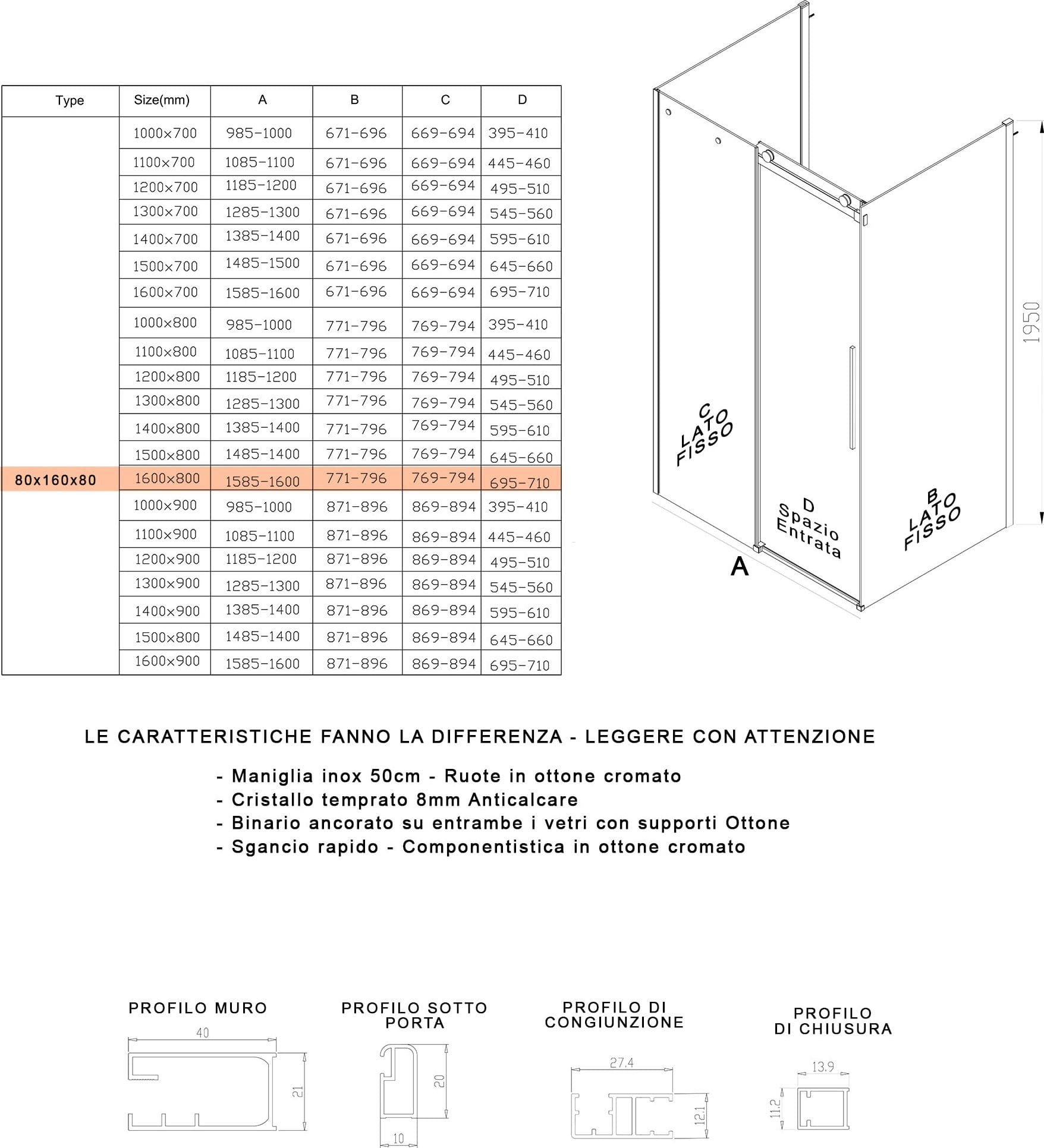 Box Doccia tre lati porta scorrevole trasparente H195cm 8mm anticalcare Euclide - 17