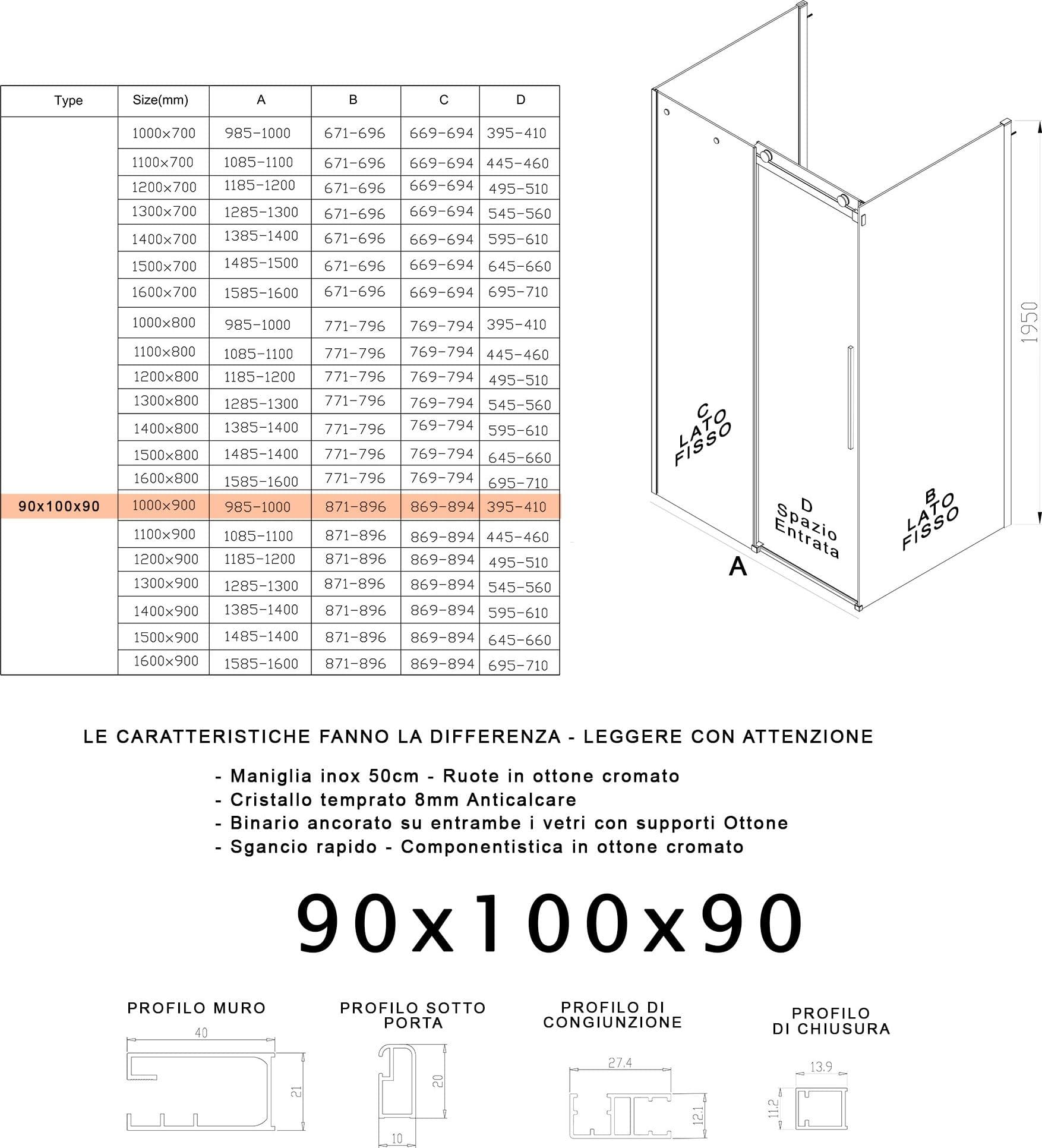 Box Doccia tre lati porta scorrevole trasparente H195cm 8mm anticalcare Euclide - 18