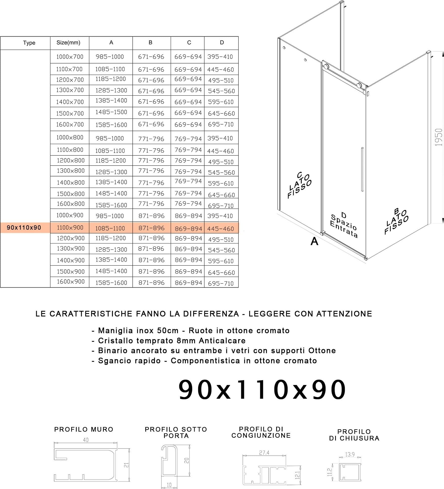 Box Doccia tre lati porta scorrevole trasparente H195cm 8mm anticalcare Euclide - 19